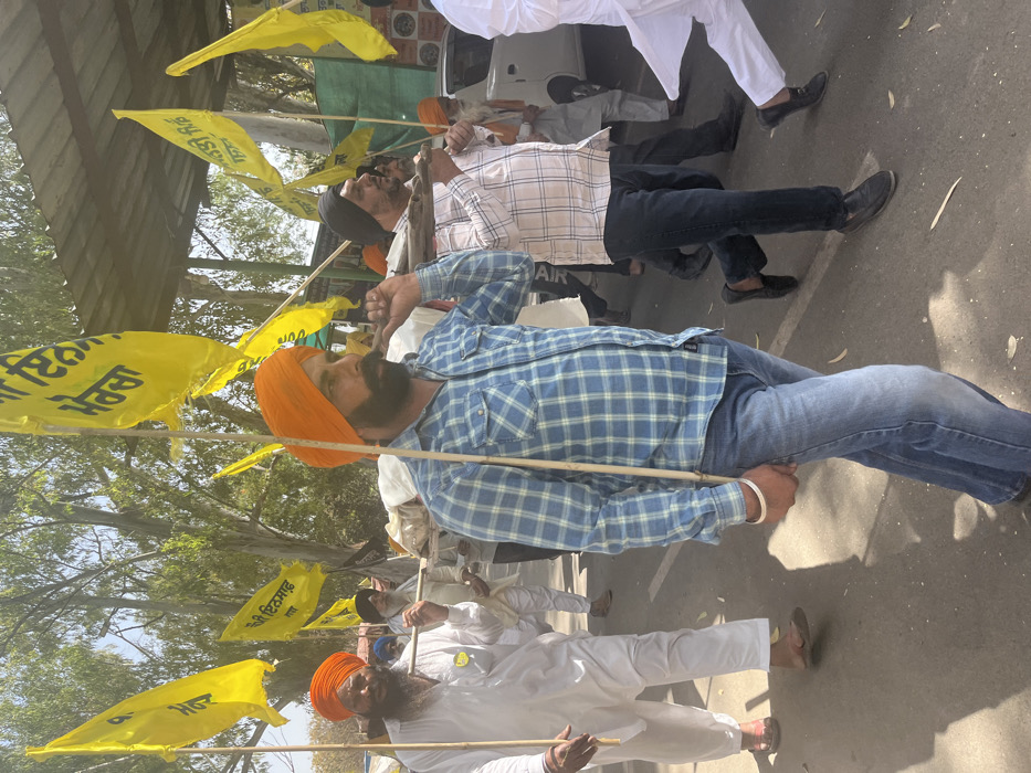 The image shows a group of men walking down a paved road in Sahibzada Ajit Singh Nagar, India, a city located at latitude 30.706 and longitude 76.736. The men are all wearing traditional Indian clothing, including turbans. They are carrying a stretcher or a large wooden pole. The man in the foreground is wearing a blue plaid shirt and blue jeans. He is holding a white stick in his right hand. The man behind him is wearing a white shirt and white pants. He is holding a white stick in his left hand. There are several yellow flags in the background, with writing on them. There is a large tree on the left side of the image. The road is paved and has a white stripe painted on the side. The day is sunny.
