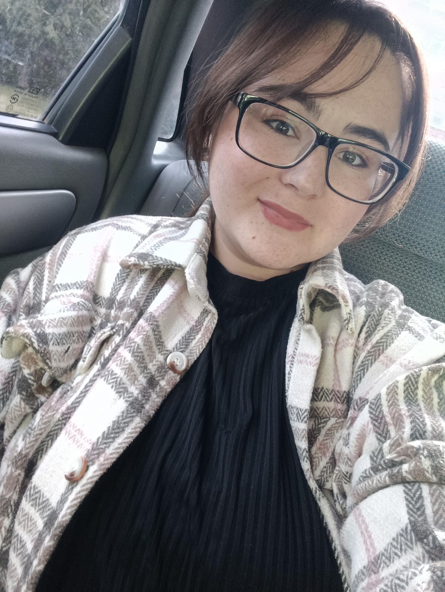 A young woman with short brown hair, bangs, and black-framed glasses is featured in a selfie taken inside a car. She has visible freckles on her face and a subtle smile, looking directly into the camera. She wears a black ribbed, high-necked top beneath a plaid jacket. The jacket is patterned with cream, pink/mauve, and grey/brown colors, displaying a herringbone weave within the plaid, and has light-colored buttons.
The setting is the interior of a car, likely the passenger side, characterized by gray upholstery and door panels. Through the window, a blurred green landscape suggests an outdoor environment during daylight hours. Faint, mirrored text on the window is partially visible, indicating car safety labels or specifications, including fragments like "TINTED AUTO GLASS," "TEMPERED," "DOT," "AS-2," and "SAFETY GLASS." The scene portrays a casual, calm moment in Noviy, Russia.