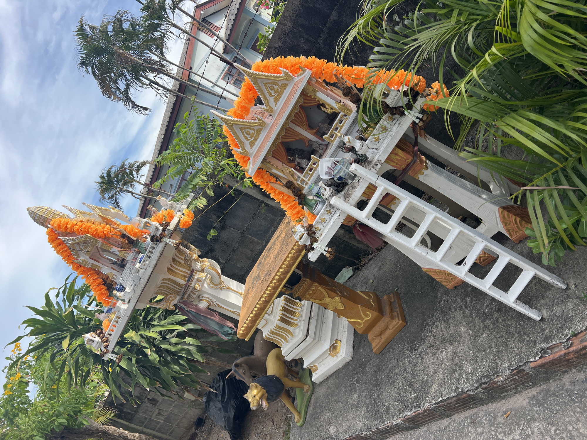 In Baan Bang Rak, Thailand, two spirit houses stand on a concrete surface next to foliage. Both are decorated with orange garlands. The spirit house on the left is white and gold with small statues at the base. The one on the right is white with a ladder leaning against it. Palm trees and a building are visible in the background.