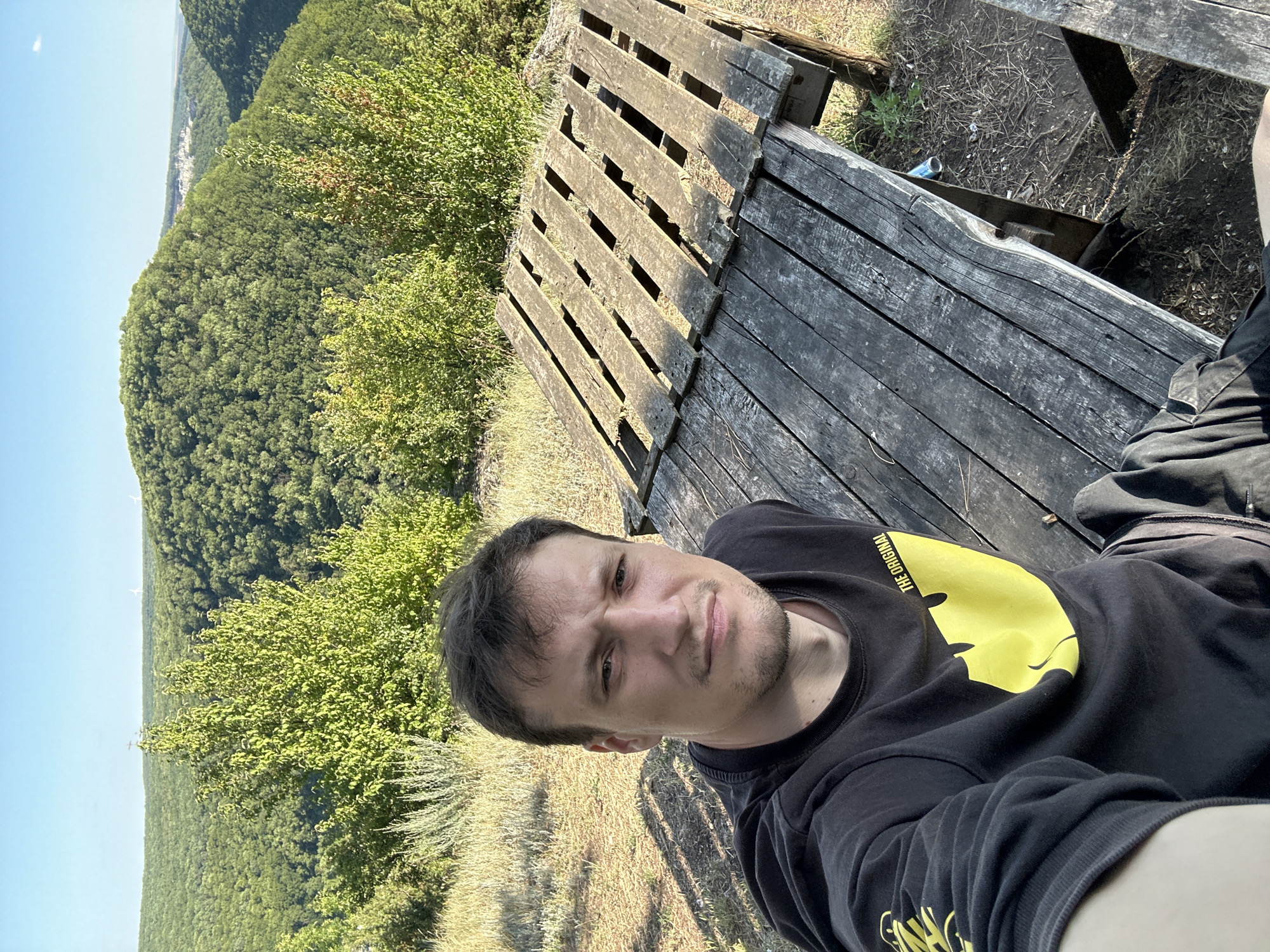 A man with short brown hair and a neutral expression is taking a selfie outdoors. He is wearing a black sweatshirt with a large yellow graphic and dark pants. He is seated on a rustic wooden structure, which appears to be a table or platform made of aged, weathered planks. The structure has a rough, unfinished appearance with gaps between the wooden slats.
The background shows a vast, rolling landscape covered in dense green forest. The terrain is hilly, with the trees extending as far as the eye can see under a clear blue sky. In the distance, on the horizon, faint structures and what appear to be wind turbines are visible, suggesting a settlement or industrial area beyond the natural landscape. The ground around the wooden structure is covered with dry grass and scattered debris. The scene is lit by natural sunlight, casting shadows on the wooden surface. The location is identified as being in the city of Pryvorottia Druhe, Ukraine.