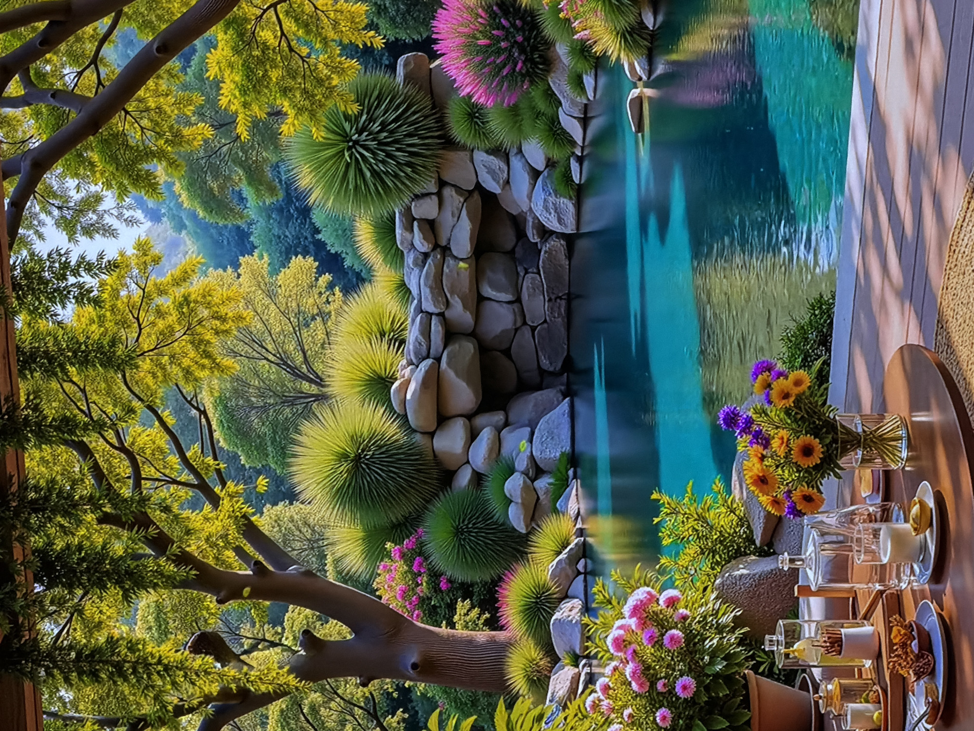 The image depicts a vibrant, sunlit outdoor scene, offering a tranquil view of a lush garden and a water feature. In the foreground on the right, a round wooden table, partially visible, is set with an array of items for refreshments. It features a clear glass vase holding cheerful yellow and purple flowers, along with several clear drinking glasses, a carafe, small white plates with snacks (possibly pastries), and miniature glass containers, suggesting condiments or sweeteners. A small potted plant with pink flowers also adorns the table, which rests on a textured, woven mat atop a wooden deck. Distinct shadows on the decking indicate bright, clear daylight.
Beyond the table, a serene body of water, appearing as a pond or pool with a blue-green hue, stretches across the midground, reflecting the surrounding environment. A meticulously crafted rock wall, constructed from various sizes of smooth, light-colored stones, borders the water on the left side. This wall is intricately interspersed with unique, spiky, spherical green plants, some showcasing vibrant pink and purple flower-like tops.
The background is dominated by a dense and varied canopy of trees with abundant green leaves, ranging from bright yellowish-green to darker forest green, creating a verdant backdrop. The overall setting is one of a beautifully designed and well-maintained natural retreat, suggesting peace and relaxation. No people are visible, but the prepared table implies a recent or anticipated gathering. The scene is set in Sofiivska Borshchahivka, Ukraine. There is no visible text in the image.