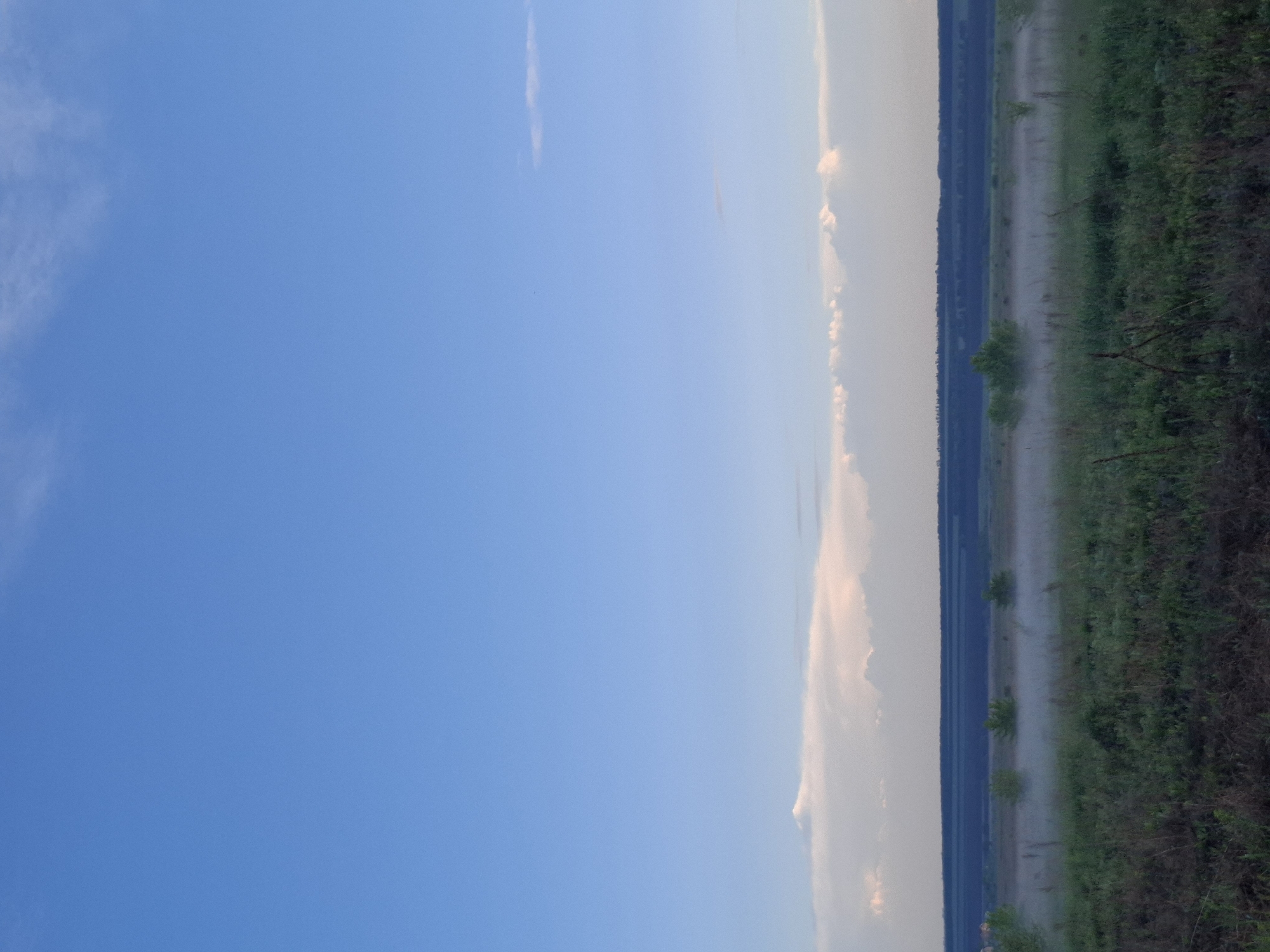 The image shows a landscape scene, including a field to the right. Beyond the field, there is a dark treeline. To the left of the treeline are a few clouds. The rest of the left side is blue sky. The location is Елец-Маланино, Russia.