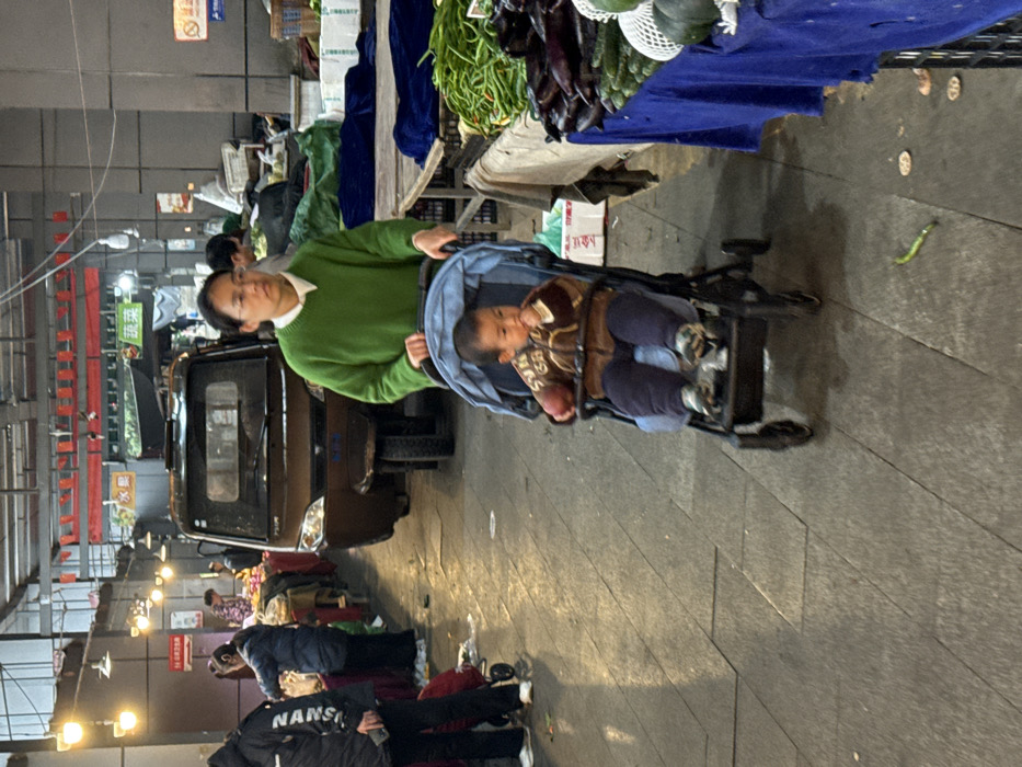 The image depicts an indoor market scene in Jiangjin, China. In the foreground, an adult female with glasses, wearing a white collared shirt under a green long-sleeved sweater, pushes a light blue and black stroller from left to right. A young child, dressed in a brown patterned jacket and dark pants, is seated in the stroller, holding a reddish object in their right hand and bringing their left hand towards their mouth.
To the immediate right of the stroller, a market stall covered with a blue tablecloth displays various fresh produce, including long green beans or chilies, purple eggplants, green cucumbers, and netted gourds or small watermelons. Below the stall, black crates are visible. A single green bean pod lies on the grey tiled floor near the stall.
In the mid-ground, a brown three-wheeled motorized utility vehicle with a cab is positioned in the market aisle. Further in the background, other market stalls are visible with various goods and several indistinct individuals. Overhead, multiple bare lightbulbs and fluorescent fixtures illuminate the area, with metal beams and wires forming the ceiling structure. Red banners with Chinese characters, including "水果" (fruit) and "蔬菜" (vegetables), are strung across the market aisle. The overall environment suggests a functional, active indoor marketplace.