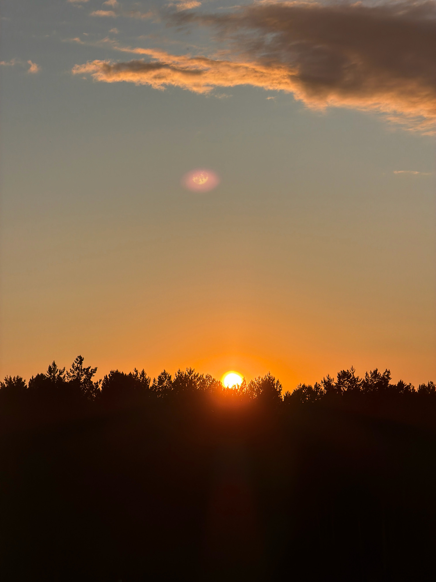 The image depicts a sunset over a silhouetted forest line, with an orange sky transitioning to a pale blue near the top. A band of orange-tinged clouds is visible in the upper portion of the sky. There is a faint, circular lens flare in the upper center of the sky, appearing pinkish and slightly distorted. The sun is partially obscured by the trees, casting a bright glow and rays of light. The bottom of the image is dominated by a dark, indistinct foreground, likely representing a field or ground obscured by shadow. There are no people or specific identifiable landmarks to indicate the location within Tsiolkovsky, Russia.