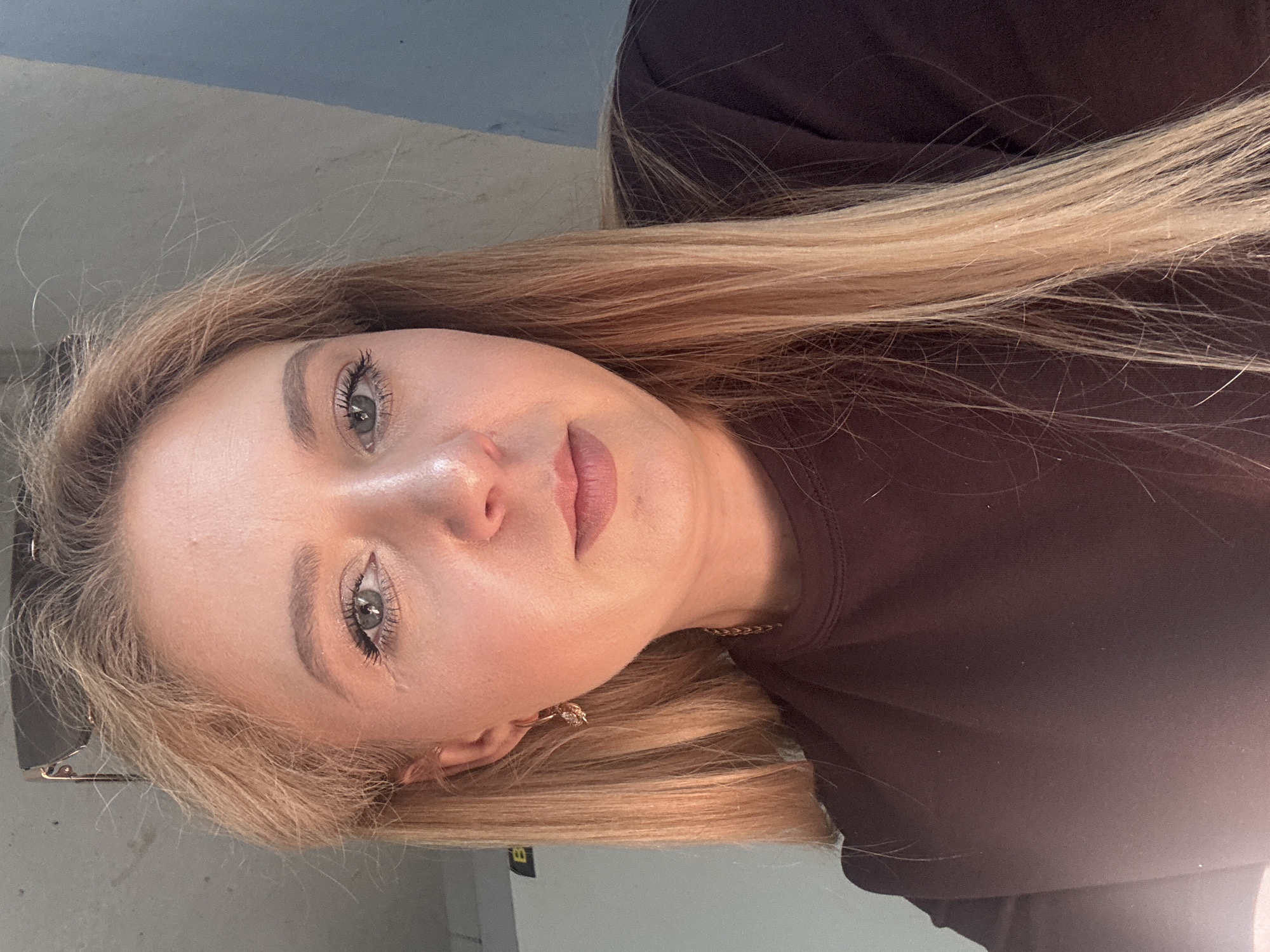 A medium shot captures a blonde woman from the chest up, angled slightly to her right, in what appears to be an indoor setting with natural light. She is wearing a dark brown crewneck sweatshirt and a delicate gold earring. Her blonde hair is parted in the center and falls past her shoulders. The background consists of a gray wall with a blue-gray section to the right. The lighting is strong from the left, casting highlights on her face and hair, and creating a slight shadow on the right side of her face. A pair of dark sunglasses is perched on top of her head. The overall impression is a casual, selfie-style portrait.