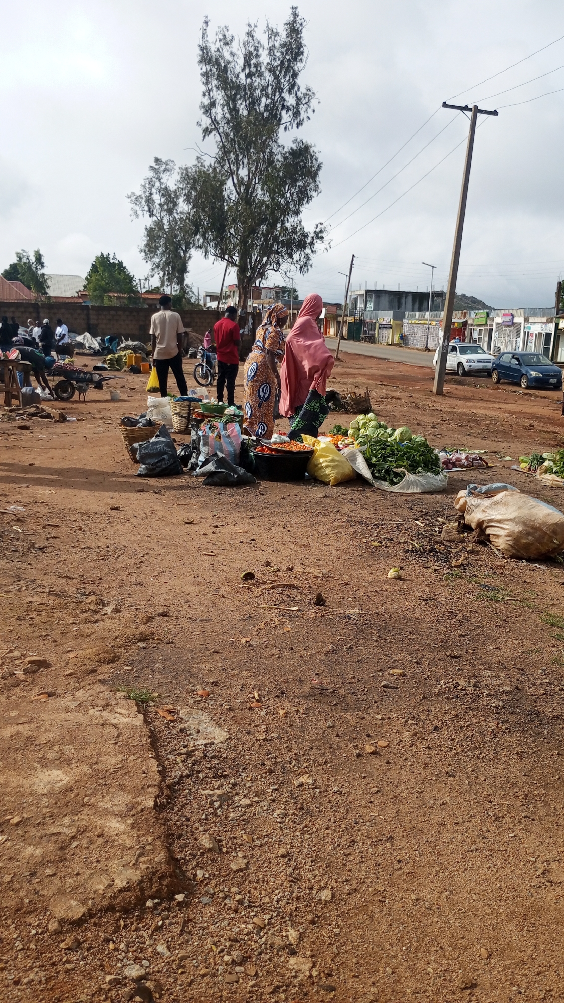 In Gura Top, Nigeria, an outdoor market scene unfolds with a mix of commerce and daily life. Several individuals are present, some appearing to be vendors and others customers. A few people are gathered around stalls laden with fresh produce, including cabbages and tomatoes. One person, wearing a distinctive patterned dress, stands near a display of vegetables. Another individual in a pink headscarf is also in proximity to the produce. In the background, a tree with sparse foliage stands tall against a cloudy sky. Power lines stretch across the frame, supported by wooden poles. Several vehicles, including a white car and a blue car, are visible on a paved road in the distance, suggesting the market is situated near a thoroughfare. The ground is covered with reddish-brown dirt and small stones. Bags, baskets, and a cart are also part of the market setup, indicating active trading.