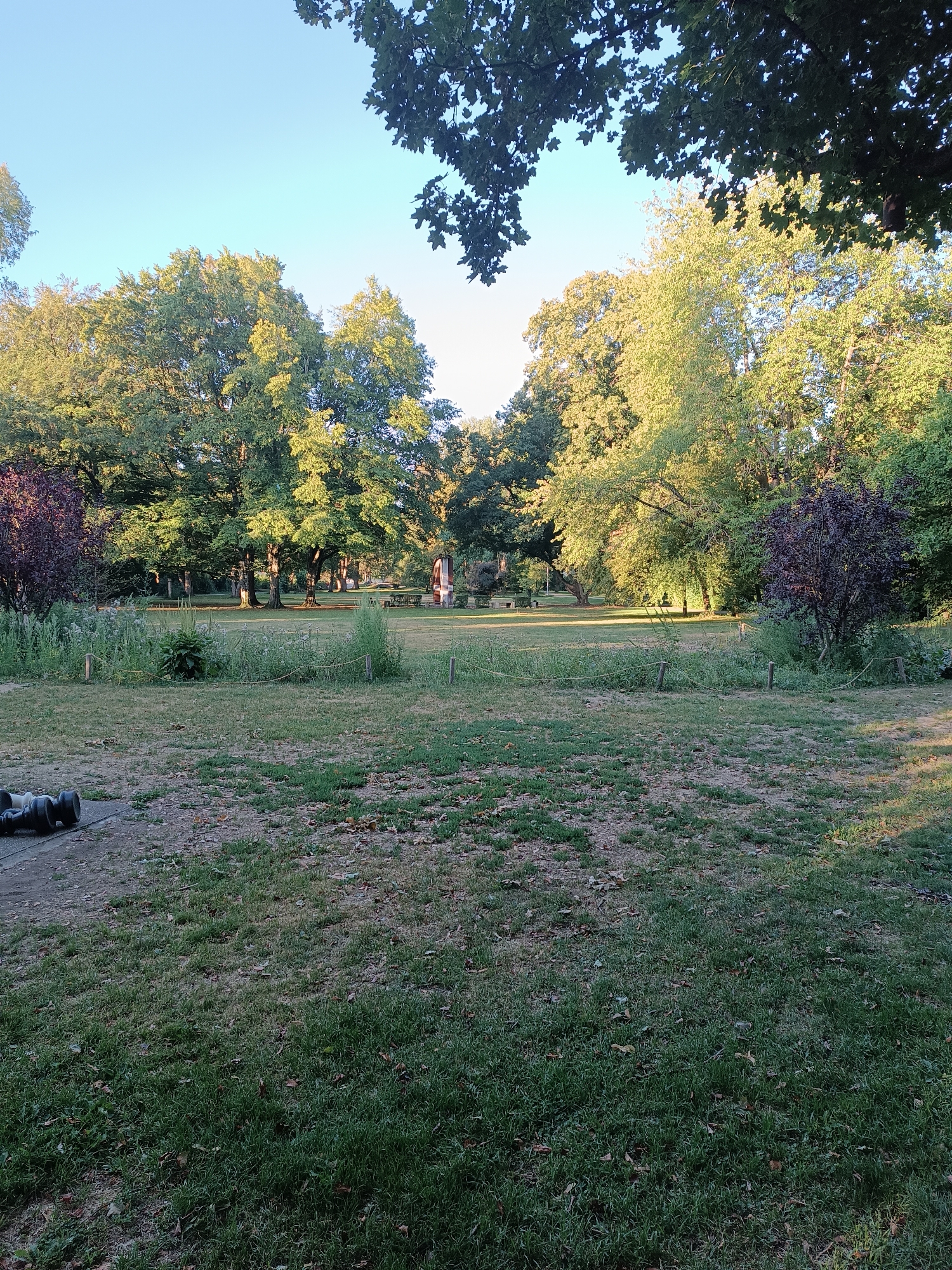 The image depicts a sunlit park scene with a clear blue sky overhead. In the foreground, a grassy area with scattered fallen leaves leads into a more manicured lawn. To the left, a grey, textured surface is visible with two black, barbell-like objects lying on it. The midground features a line of trees with lush green foliage, and a rustic rope fence with wooden posts delimits a section of the park. In the background, more trees, some with dark purple leaves, are interspersed with the green ones. The overall setting suggests a public park, possibly the Stadteilpark Fürstenfeldbruck, Germany, given the tranquil, open-air atmosphere and mature trees. There are no discernible people or animals in the frame. The lighting suggests it is either early morning or late afternoon, with long shadows cast by the trees on the right side of the image.