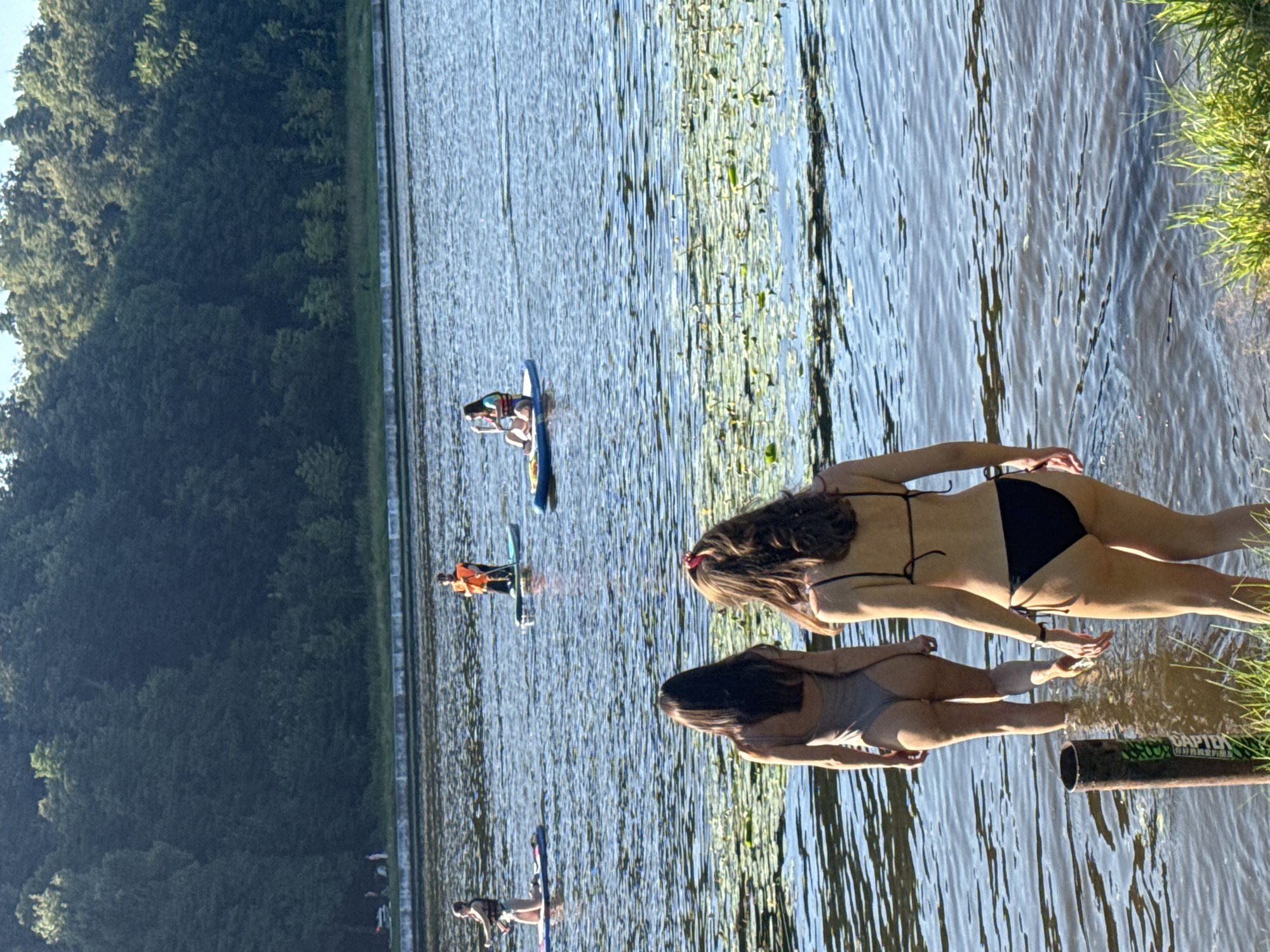 The image depicts a sunny day at a body of water, likely a lake or river, with several people engaged in recreational activities. In the foreground, two women are wading into the water, both wearing bikinis. One woman is wearing a grey one-piece swimsuit, and the other is wearing a black bikini. In the background, there are multiple individuals on paddleboards. One person on a paddleboard is wearing an orange life vest and appears to be paddling. Another person on a paddleboard is sitting and holding a paddle. The water is calm, with some lily pads visible on the surface. The background features a dense line of trees, suggesting a natural or park-like setting. The scene appears to be a public recreational area, potentially a beach or park with access to water. The overall atmosphere is one of leisure and outdoor activity.