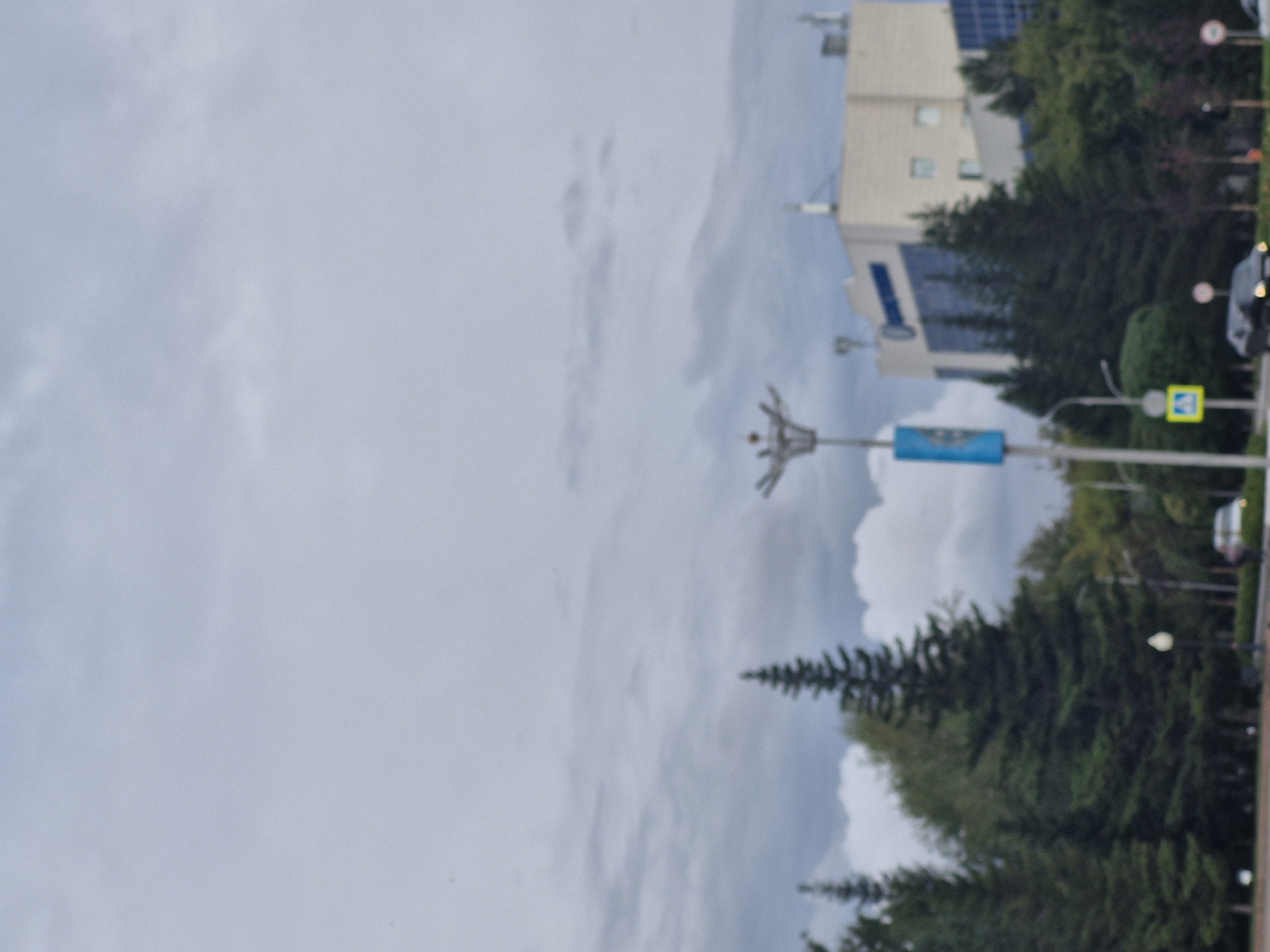 The image depicts a street scene in Kokshetau, Kazakhstan, under an overcast sky. In the foreground, a lamppost with a blue sign is visible. Further back, evergreen trees dominate the landscape, with deciduous trees interspersed. A modern building with blue-tinted windows and a sign bearing Cyrillic text stands in the background, partially obscured by the trees. A black car is driving on the road. The overall impression is one of a cloudy day in an urban or suburban environment with significant greenery.