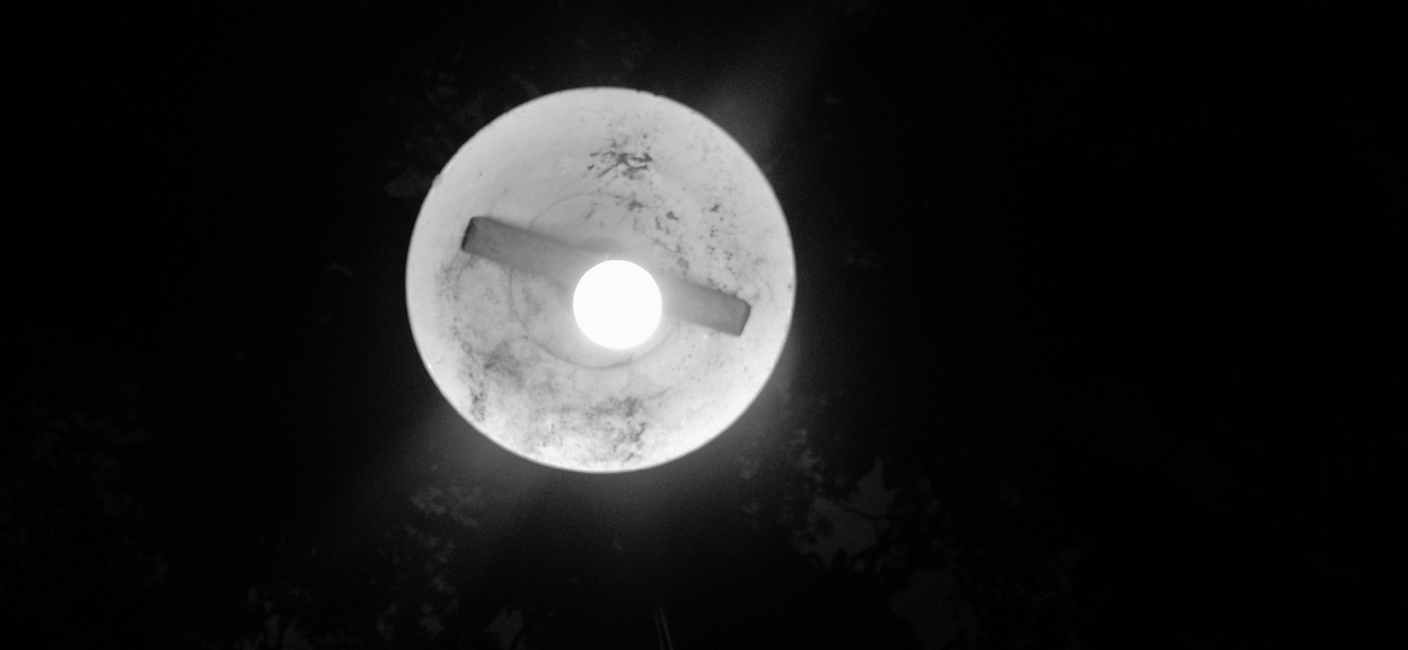 This is a close-up, overhead, black and white photograph of a light fixture in Vallecito, Venezuela. The fixture is a bowl-shaped lamp with a bright light bulb in the center. The inside of the lamp is speckled with dark marks and dirt. A wooden support rod runs across the diameter of the lamp, slightly off-center. The background is entirely black, suggesting a dark environment, possibly nighttime or an unlit area. There are faint, out-of-focus shapes of foliage visible in the upper left portion of the image, hinting at an outdoor setting, possibly a streetlamp or a porch light. No people or animals are visible in the image.
