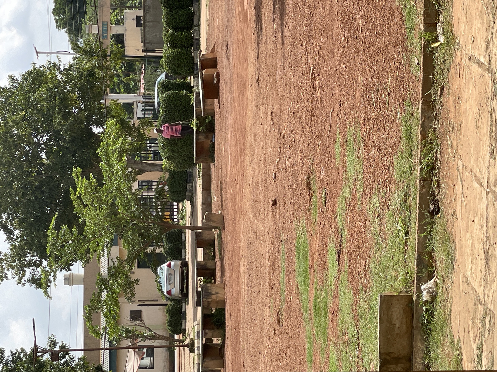 The image captures an outdoor scene, likely in a public space, with a reddish-brown dirt ground covering most of the foreground. Patches of green grass are interspersed with the dirt. In the middle ground, there are several concrete benches and a person wearing a pink and white striped shirt and dark pants, holding a white bag. This individual appears to be standing amidst some green bushes. Further back, a silver car is parked near a building with a beige facade, surrounded by more greenery. The background features trees, additional buildings, and utility poles, suggesting an urban or semi-urban environment. The sky is overcast with clouds. The context of Kaduna, Nigeria, implies a warm climate with potentially humid conditions, common in regions with this type of vegetation and ground cover.