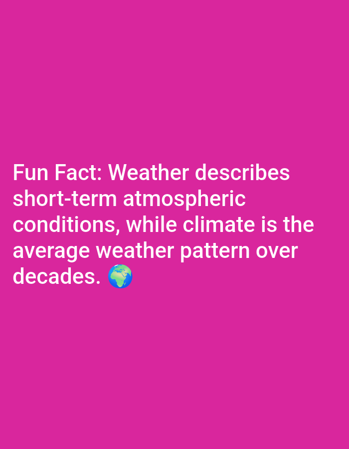 The image is a social media post or graphic with white text on a vibrant pink background. The text reads: "Fun Fact: Weather describes short-term atmospheric conditions, while climate is the average weather pattern over decades." Below the word "decades," there is a small emoji of the Earth. There are no people or recognizable locations in Lagos, Nigeria, or any other city. The image is a purely informational graphic.