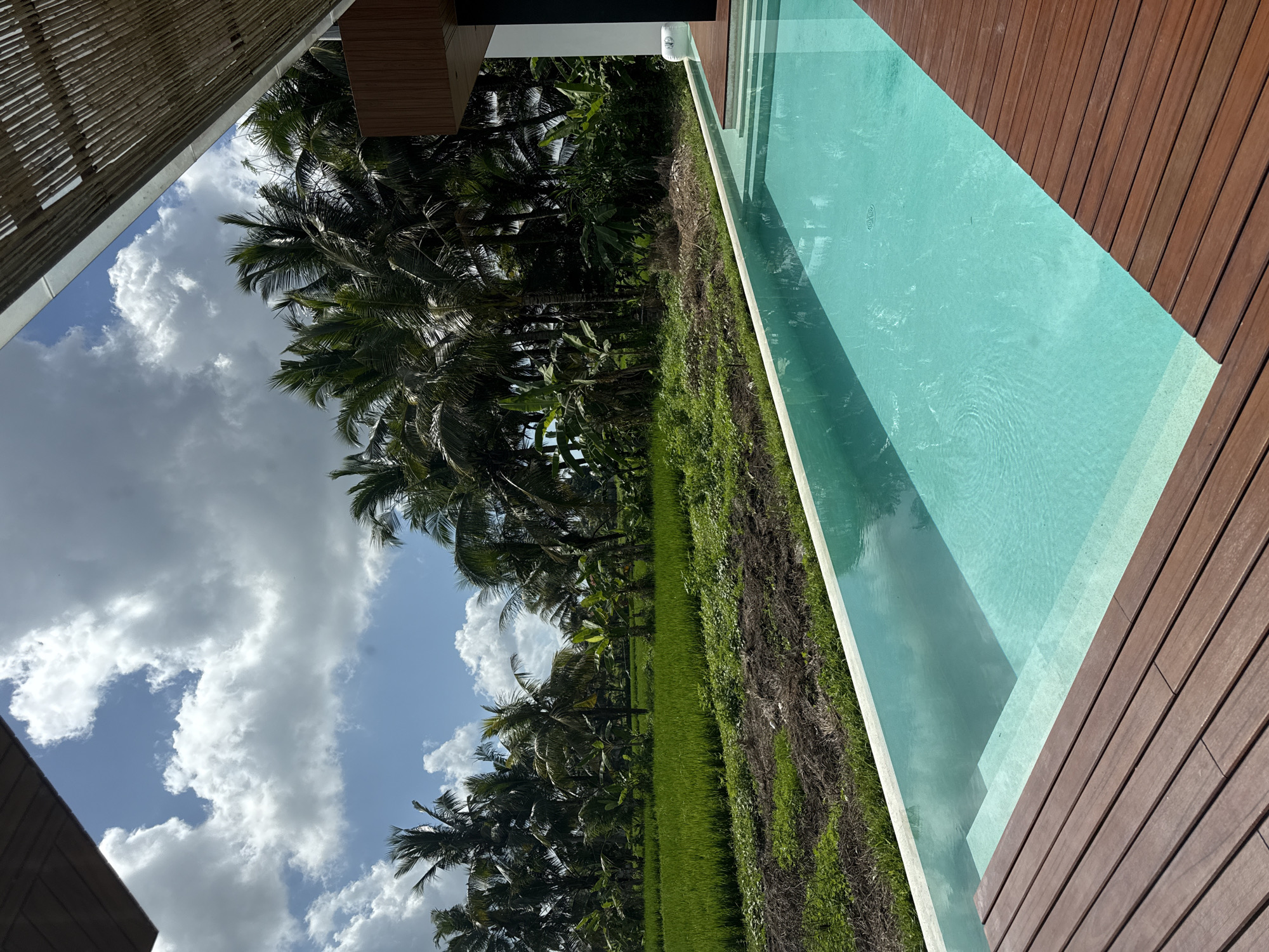 This is an eye-level shot of a swimming pool next to a lush green rice paddy and a dense tropical forest. The sky is filled with fluffy white clouds. The swimming pool has turquoise water and a wooden deck surrounds it. In the background, palm trees and other tropical vegetation can be seen.