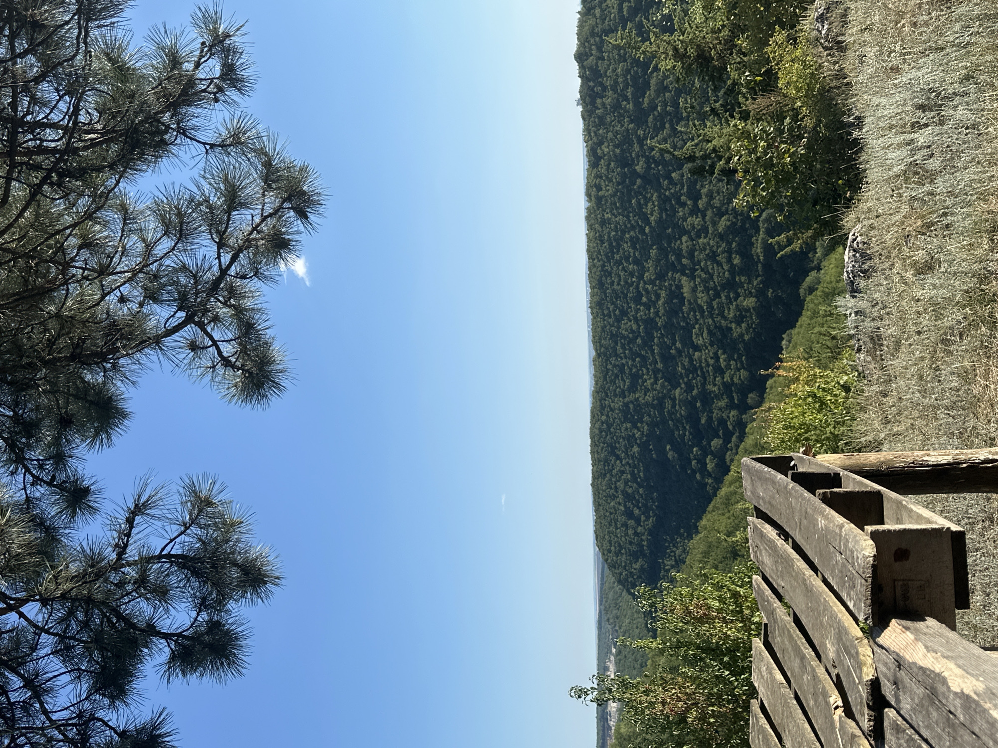 The image depicts a scenic overlook with a wooden structure in the foreground, positioned on a hilltop. The structure appears to be a rustic table or bench made of weathered wooden planks. Beyond the structure, a vast expanse of lush green forest covers rolling hills under a clear blue sky. The landscape suggests a natural, undeveloped area, possibly a park or a protected natural reserve. The location is identified as Pryvorottia Druhe, Ukraine. The time of day appears to be daytime, with bright sunlight casting shadows and illuminating the scene. No people or animals are visible in the image. The overall atmosphere is serene and natural.