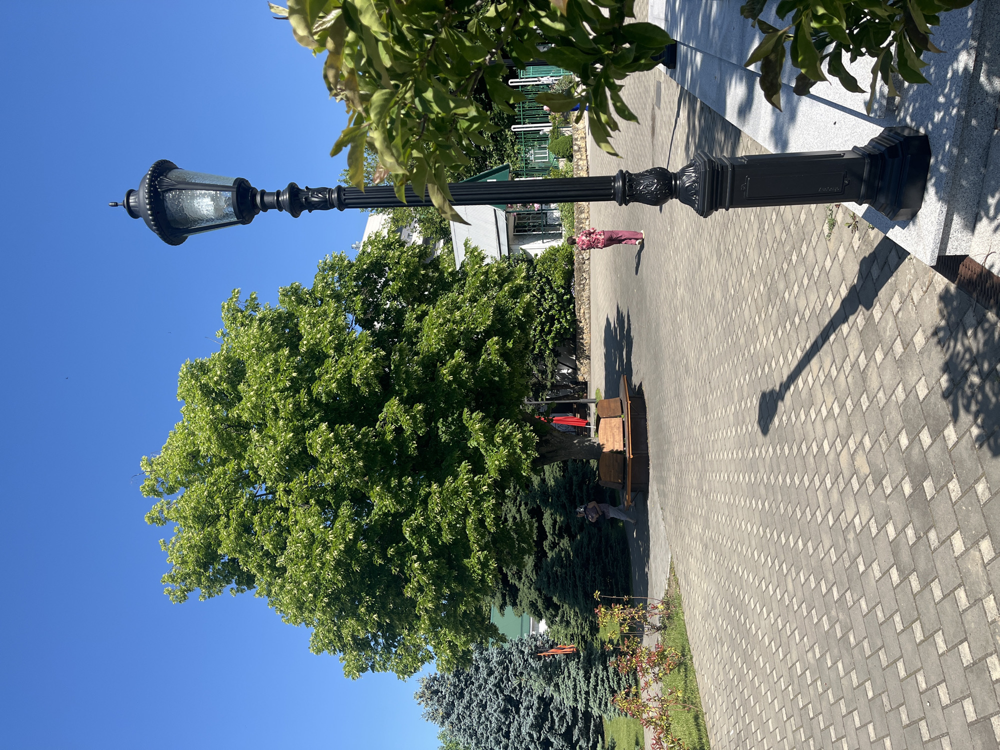 This image depicts a sunlit outdoor public space in Krasnodar, Russia, characterized by a clear blue sky. A prominent, large deciduous tree with dense green foliage occupies the mid-ground, slightly left of center, casting a shadow across the light gray interlocking paver pathway. To its left are several evergreen conifer trees, including a distinct large blue-green spruce.
In the immediate right foreground, a tall, ornate black cast-iron lamppost with a textured glass lantern stands on a light gray stone base, partially framed by green foliage. This lamppost casts a long, sharp shadow onto the paved ground, which features a repeating pattern of alternating lighter and darker rectangular blocks.
Two individuals are present on the pathway. One person, dressed in light-colored attire, is seen walking leftward in the mid-ground, near the base of the large tree. A second person, wearing a red patterned top and maroon pants, is located further right in the mid-ground, walking away from the viewer towards a small, white building with a light gray corrugated roof and green trim in the background.
A curved wooden bench is situated around the base of the central deciduous tree. A low stone retaining wall with vegetation lines the left side of the paved area, and a red banner or flag is partially visible behind the large blue-green conifer.