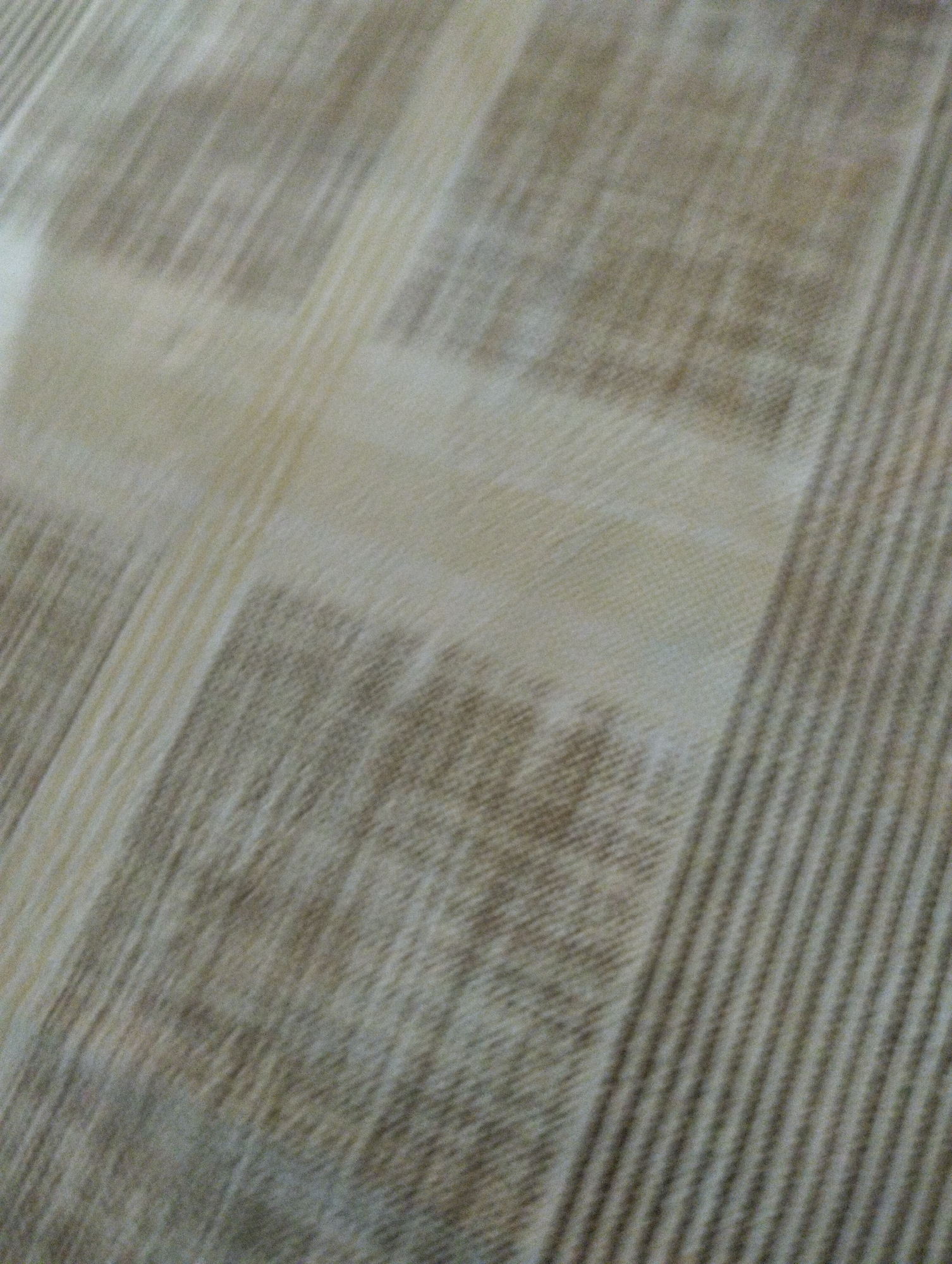 The image shows a close-up, abstract view of a fabric with a plaid pattern. The fabric is composed of intersecting lines of varying widths and colors, creating a grid-like design. The colors appear to be shades of beige, cream, and light brown. The texture of the fabric seems to be woven, with visible threads creating a slightly ribbed or textured surface. The image is out of focus, with a blurred quality that emphasizes the patterns and textures rather than sharp details. The lighting appears to be diffused, casting soft shadows that highlight the dimensionality of the fabric. The overall impression is one of a cozy and possibly rustic textile. The location is not determinable from the image.