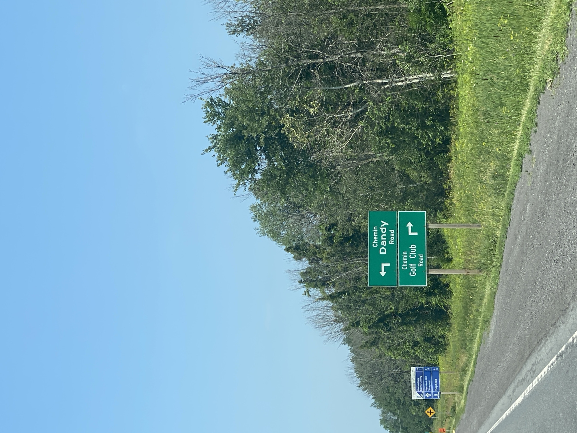 The image shows a road scene in East Hawkesbury, Canada, with a clear blue sky overhead. On the right side of the road, two green road signs are mounted on wooden posts. The top sign indicates "Chemin Dandy Road" with an arrow pointing to the left. The bottom sign indicates "Chemin Golf Club Road" with an arrow pointing to the right. Further down the road on the left, another blue sign displays "Prescott-Russell" at the top, followed by destinations like "Hawkesbury Golf & Curling," "Vankleek Hill Vineyard," and "Popsilos," each with corresponding directional arrows. The road surface is asphalt, and the surrounding area is characterized by lush green grass and a dense forest with a variety of trees. The overall scene depicts a typical rural or semi-rural road environment with clear signage for local attractions and roads.