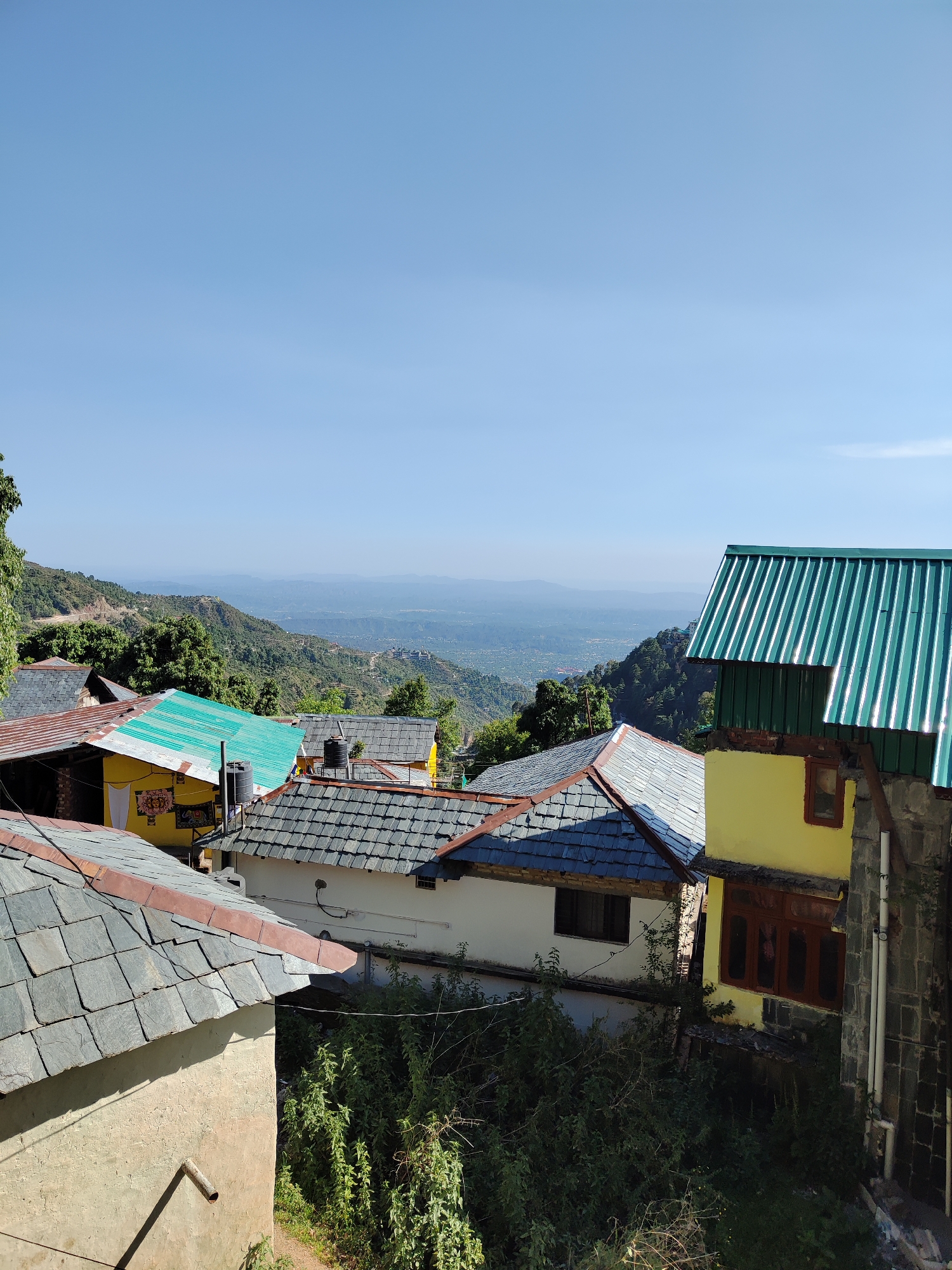 The image presents a landscape view of residential buildings in what appears to be a hilly region. The structures have a variety of roofs, including slate tiles and corrugated metal sheets painted green and blue. These buildings are adjacent to each other, with some houses partially obscured by foliage and the surrounding structures. The vegetation is dense. Beyond the buildings, a valley stretches into the distance, with hills and mountains visible under a clear blue sky. The time of day appears to be daytime with ample sunlight. The image does not contain visible human subjects, objects are houses, mountain, sky. The environment appears to be in Haini, India.