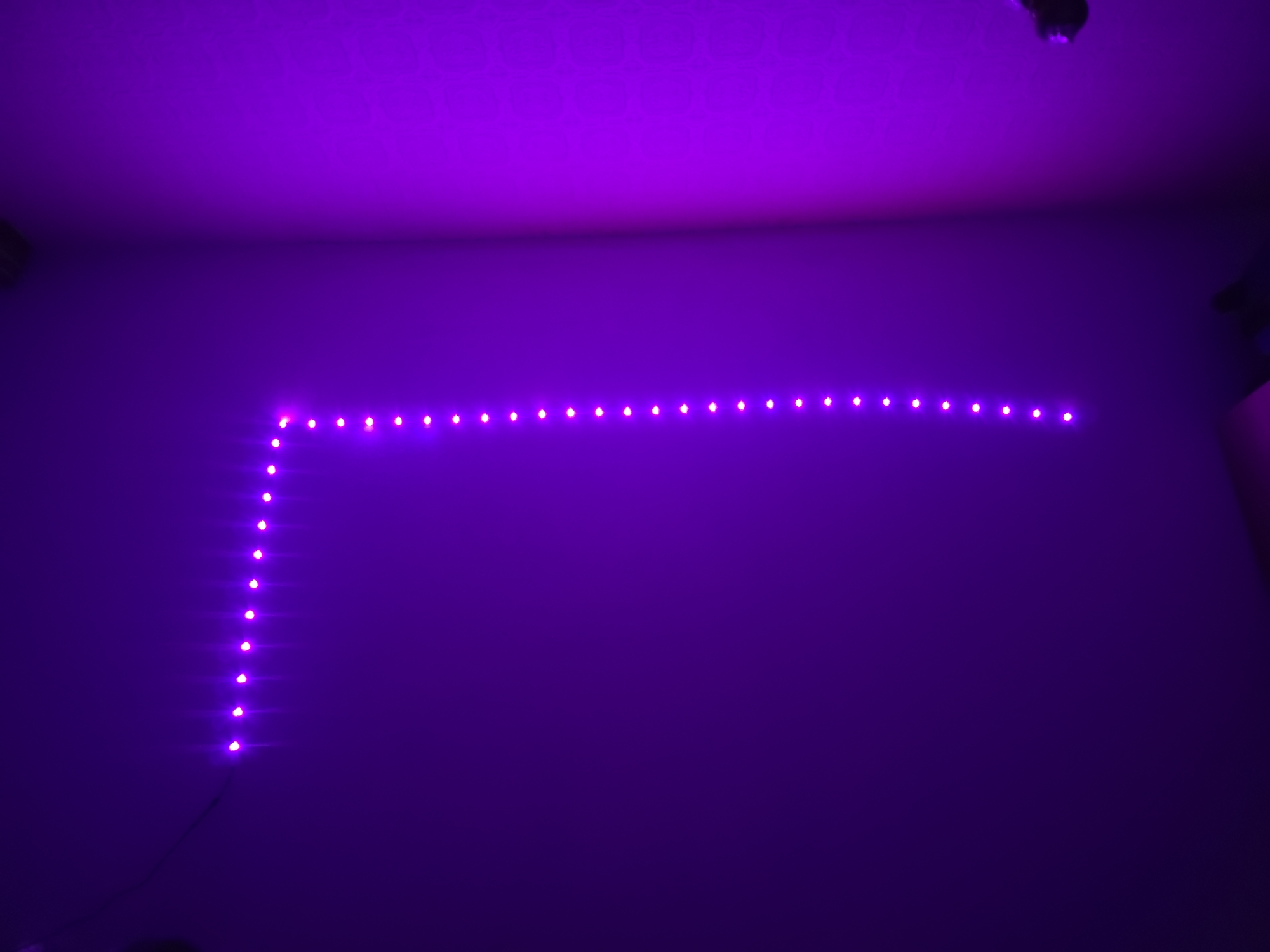 The image depicts an indoor scene, likely a room, bathed entirely in a vivid purple light originating from a string of LED lights. These lights are affixed to a flat wall, forming an "L" shape. The horizontal segment of the LED strip extends from the upper-left of the frame towards the right, while the vertical segment descends from the leftmost point of the horizontal line. Each individual LED emits a distinct, bright purple glow. A thin, dark wire extends downwards from the lowest LED in the vertical segment, disappearing out of frame.
The wall surface appears smooth and uniform, reflecting the purple illumination. Above the wall, the ceiling is visible, exhibiting a subtle, repeating textured pattern, also bathed in the pervasive purple light. In the upper-left corner of the frame, a dark, indistinct object, possibly a speaker or mounted fixture, is partially visible. Similarly, in the upper-right corner, another dark, partially obscured object is present, potentially a ceiling fixture. A hint of another surface or object, possibly furniture, is discernible along the far right edge of the frame, also reflecting the purple light. There are no people, subjects, or actions depicted. The location in the city of Minsk, Belarus, cannot be determined from the visual information provided in the image.