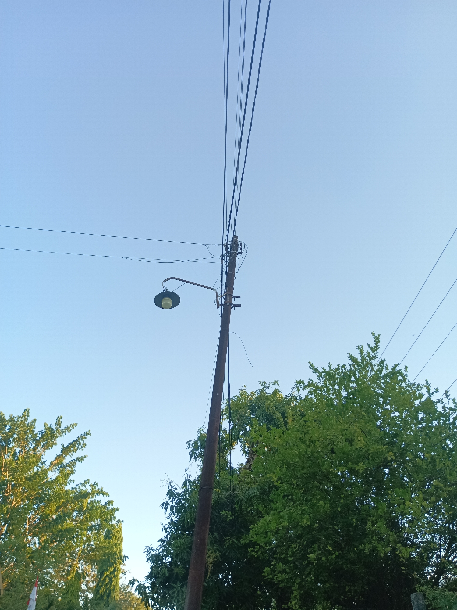 The image shows a utility pole with wires and a street lamp against a clear blue sky. Green trees are visible in the lower part of the frame, with one tree on the left side showing a glimpse of a red and white flag. The scene appears to be outdoors, possibly in a suburban or rural area of Pangkajene, Indonesia. There are no people or animals in the image, and no actions or interactions are depicted. The focus is on the infrastructure and natural elements of the environment.