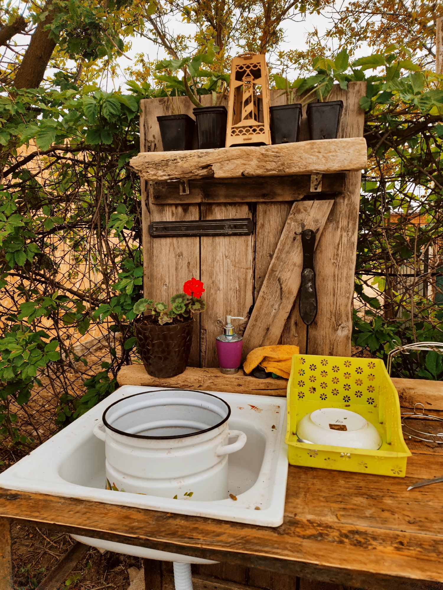 An outdoor scene features a rustic washing station. A white sink sits atop a weathered wooden table. A large, white enamel pot with black trim and handles is placed inside the sink. Next to the sink is a bright yellow plastic dish rack with flower-shaped holes. A white plate rests inside the rack. A wooden structure with a shelf is behind the sink. The shelf holds four black plastic pots and a laser-cut wooden ornament shaped like a lighthouse. A wooden door is below the shelf, with a metal latch. An old, black tool hangs on the door. A brown flower pot with a red geranium sits on the table's edge near a purple soap dispenser. A yellow cloth is next to the dispenser. The background is filled with green foliage and branches. The location appears to be an outdoor space in Yubileyny, Russia, though this is not explicitly stated. No people are visible.