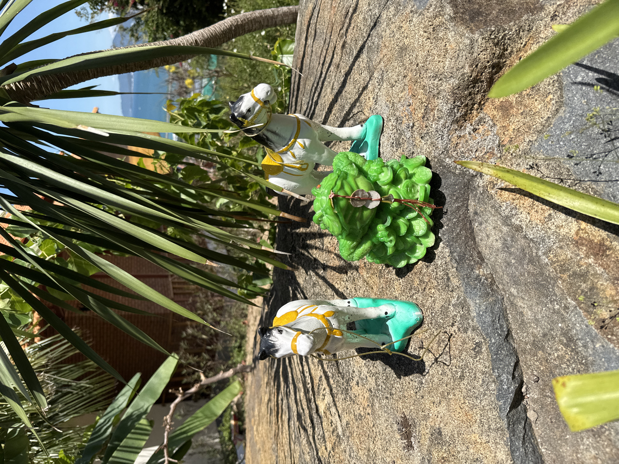 The image depicts a rocky surface outdoors in daylight, partially obscured by a palm tree. Two toy horses, white with black heads and turquoise legs, stand on the rock. One horse is positioned behind a green, ball-shaped decorative object. The background reveals foliage, a glimpse of a building, and a distant view of the ocean, suggesting a coastal location. This scene likely occurs in Bac Nha Trang Ward, Vietnam.