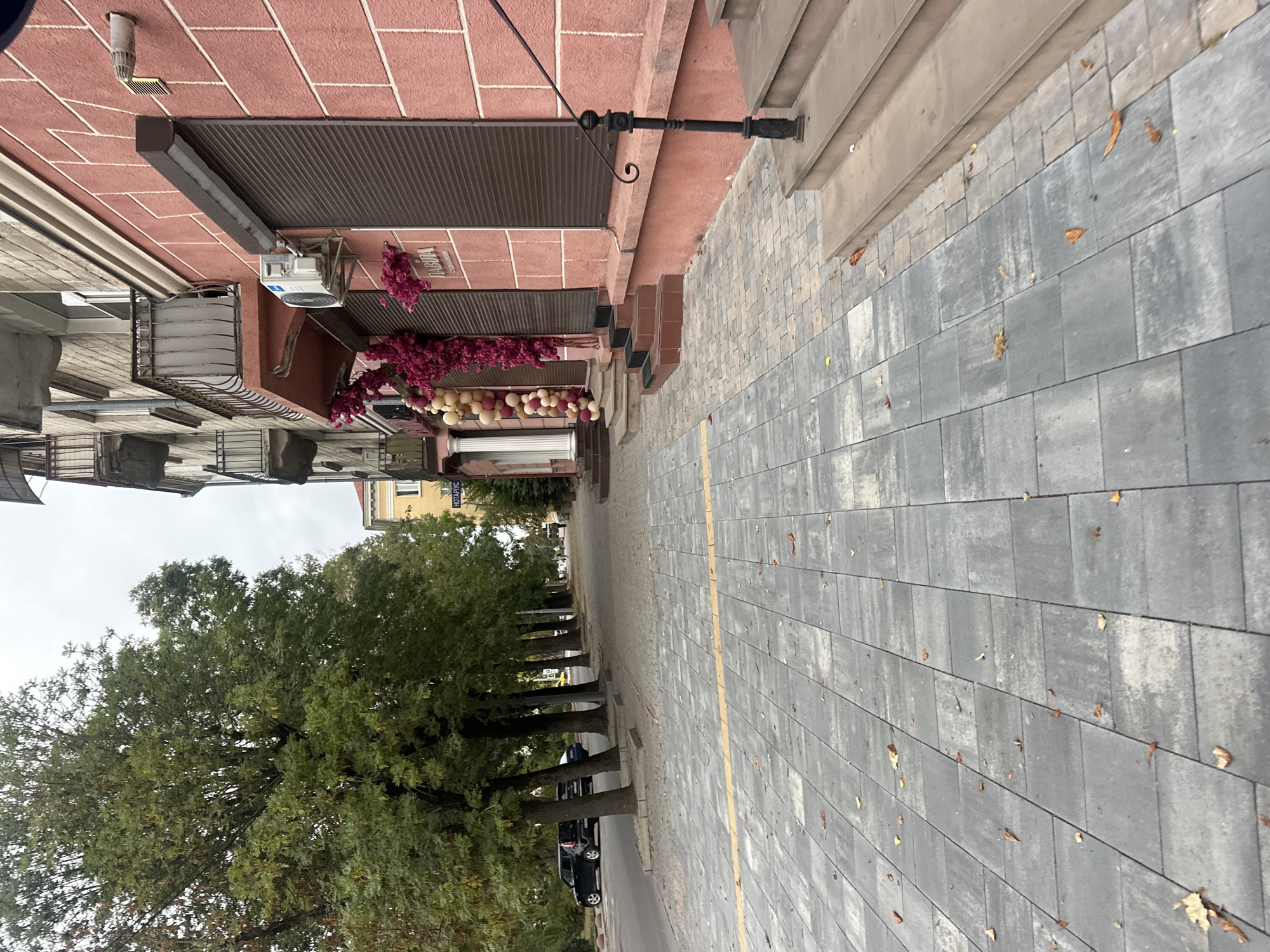The image depicts a street in Ternopil, Ukraine, with a pedestrian walkway in the foreground paved with gray interlocking stones. Fallen leaves are scattered on the walkway. A yellow line is visible on the walkway, demarcating a section of it. To the right of the walkway, there are steps leading up to a building with a pink facade. The building has dark brown roller shutters and balconies on upper floors. A black wrought-iron handrail is attached to the side of the steps. To the left of the walkway, a row of trees with green foliage lines the street. Cars are parked along the side of the street. In the background, there are other buildings and a sign with Cyrillic text, including the word "НОТАРІУС." A string of balloons, predominantly pink and beige, is attached to the facade of the pink building, near its entrance. An air conditioning unit is mounted on the wall of the building. The sky is overcast.