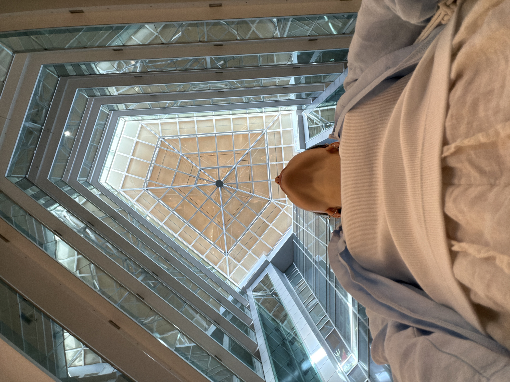The image captures an upward-looking perspective inside a multi-story building in Budva, Montenegro. The architectural design features a central atrium covered by a glass ceiling with a grid-like pattern. The building's interior consists of numerous floors with glass-enclosed spaces. A person is positioned in the foreground, slightly obstructing the view of the atrium. The person is wearing a light-colored top and a blue hoodie.