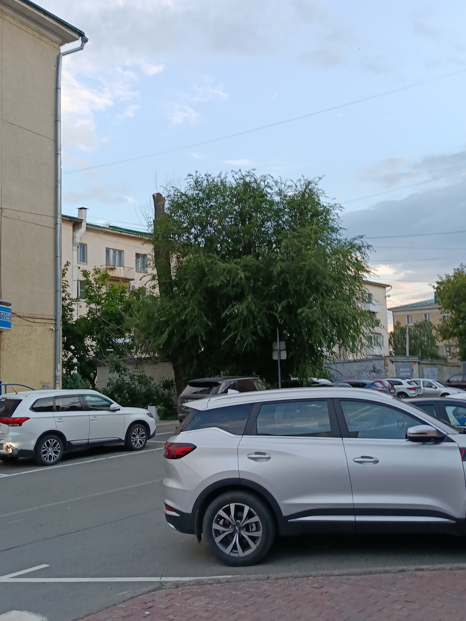 In Saratov, Russia, a street scene unfolds under a cloudy sky. On the left, a light beige building with a metal gutter system stands tall, its textured wall showing visible seams. Adjacent to it, a blue street sign with white lettering is partially visible. The foreground is dominated by the side profile of a silver SUV, its tinted windows reflecting the surroundings and its sleek design highlighted by a chrome strip along the bottom of the doors.
To the left of the silver SUV, a white SUV is parked, its rear taillight illuminated. Behind these vehicles, a dense, mature tree with a thick trunk and abundant green foliage occupies the center of the frame, partially obscuring the multi-story apartment buildings in the background. These buildings appear to be a light yellow or beige color, with multiple windows and balconies. A dry, upright tree trunk is visible behind the green tree. Further in the distance, more apartment buildings and parked cars are visible, along with telephone wires crisscrossing the sky. The ground in the foreground is paved with red brickwork.