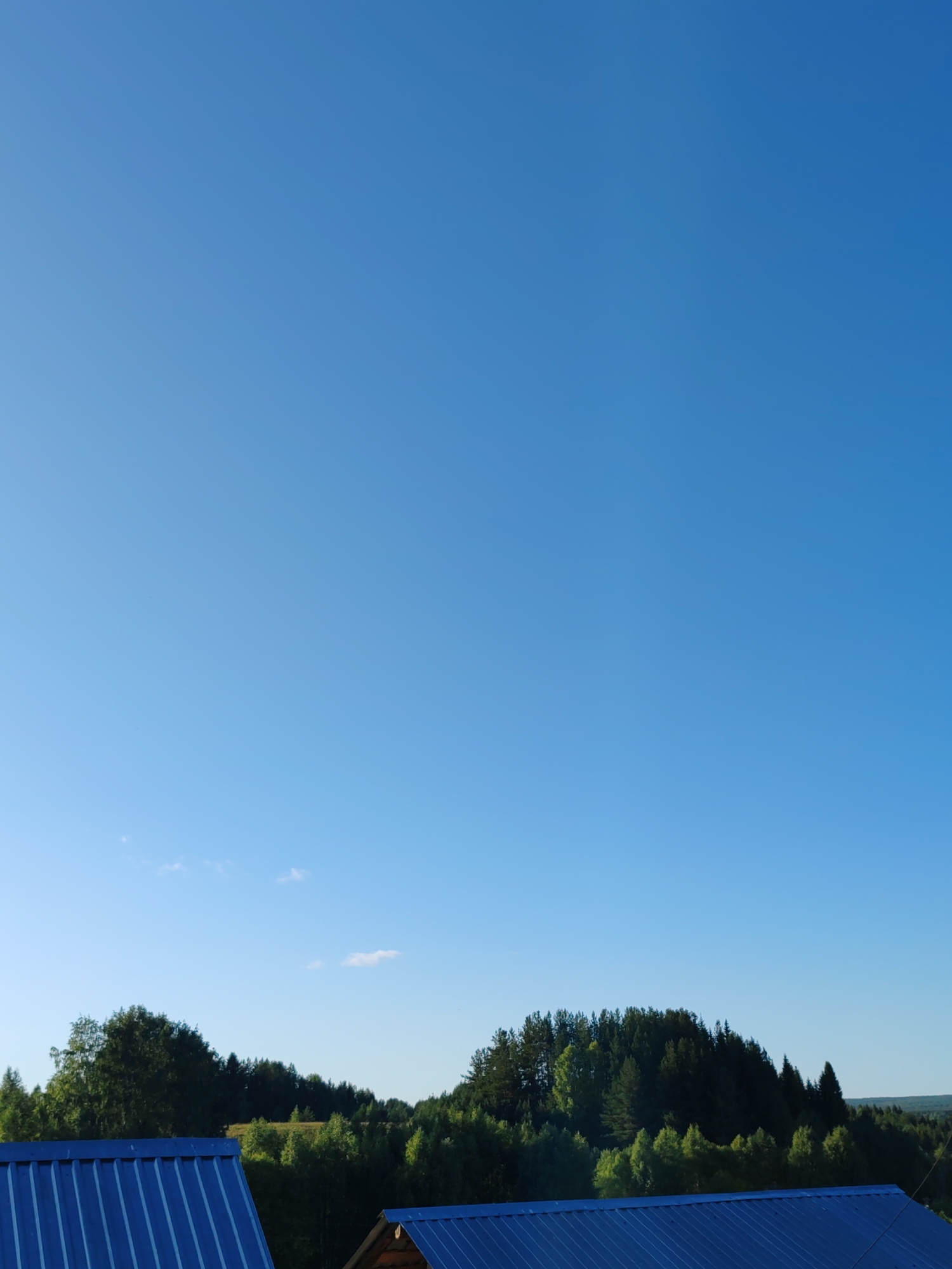 The image depicts a clear blue sky dominating the upper portion, with a faint hint of clouds near the horizon. The lower half of the image shows a densely wooded landscape. In the foreground, parts of two blue metal roofs are visible, suggesting structures are present. The trees form a varied canopy, with some appearing darker and taller, possibly conifers, while others are lighter and more rounded, likely deciduous. The overall scene suggests an outdoor environment, possibly rural or on the outskirts of a settlement. The provided location, Чухлэм, Russia, implies a setting consistent with a natural, forested area in a Russian locality. No people or specific actions are discernible in the image.