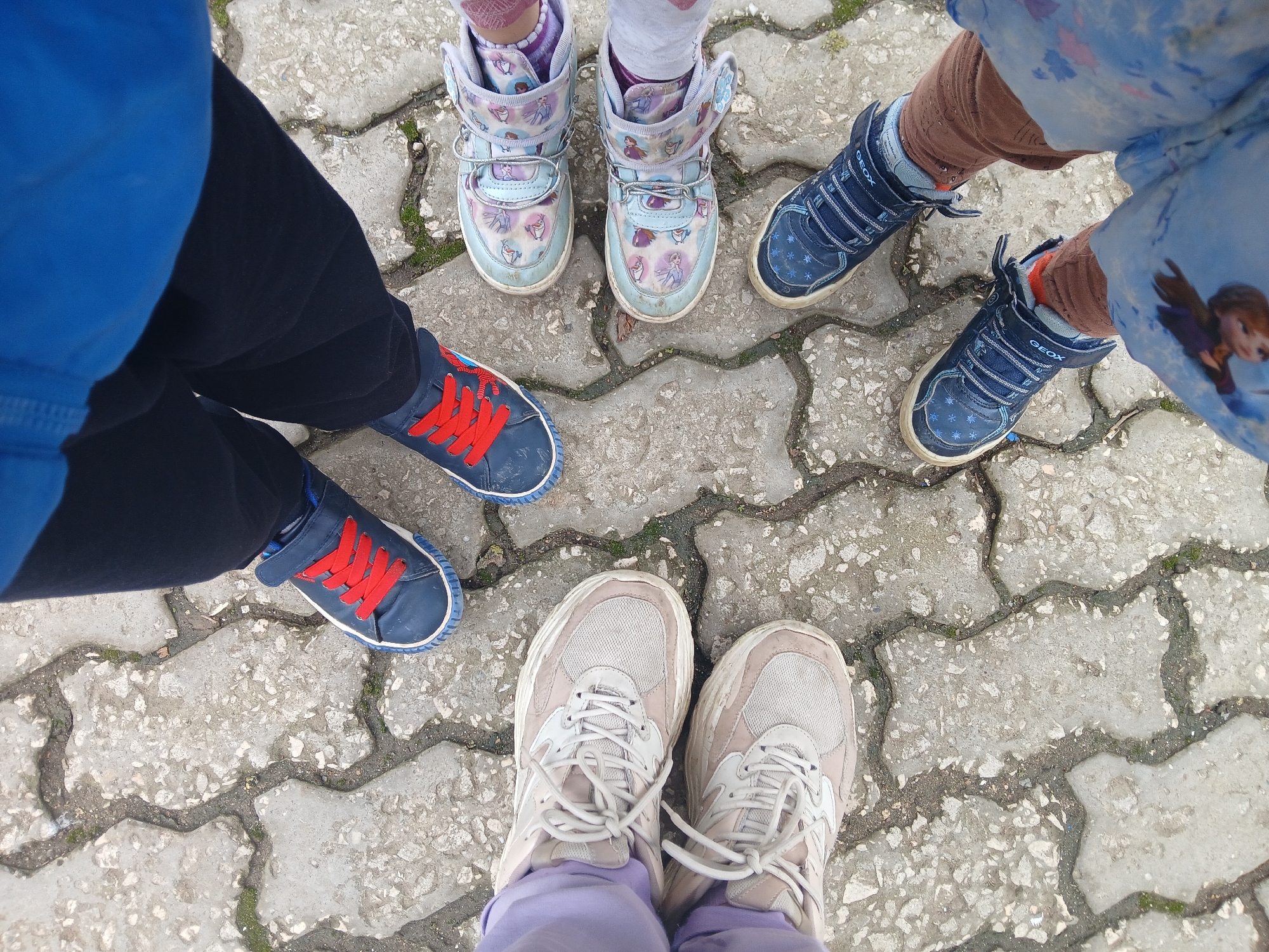 Five pairs of shoes are arranged in a circle on a paved surface. The paving is made of interlocking, irregularly shaped concrete stones with dark lines between them, some containing moss.
From the top, going clockwise: a pair of light blue, high-top sneakers decorated with figures. Next to them, a pair of dark blue Geox sneakers with white laces and stars. Beside them, another pair of dark blue Geox sneakers. Along the bottom, a pair of beige sneakers with white laces. A pair of dark blue sneakers with red laces is to the left.
The scene is located in Kavarna, Bulgaria. The image is taken from an overhead perspective. Parts of clothing, specifically pants, are visible around the shoes, providing a glimpse of the individuals wearing them.