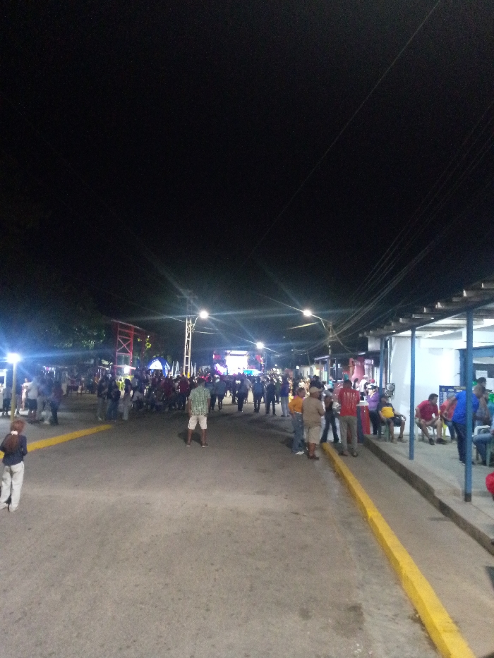 A nighttime scene shows a street bustling with people. Streetlights illuminate the crowd gathered towards the far end of the street, where a stage structure is visible. On the right, people are seated or standing along the edge of a building with a blue and white facade. A yellow curb runs along the edge of the road. Overhead, power lines stretch across the dark sky.