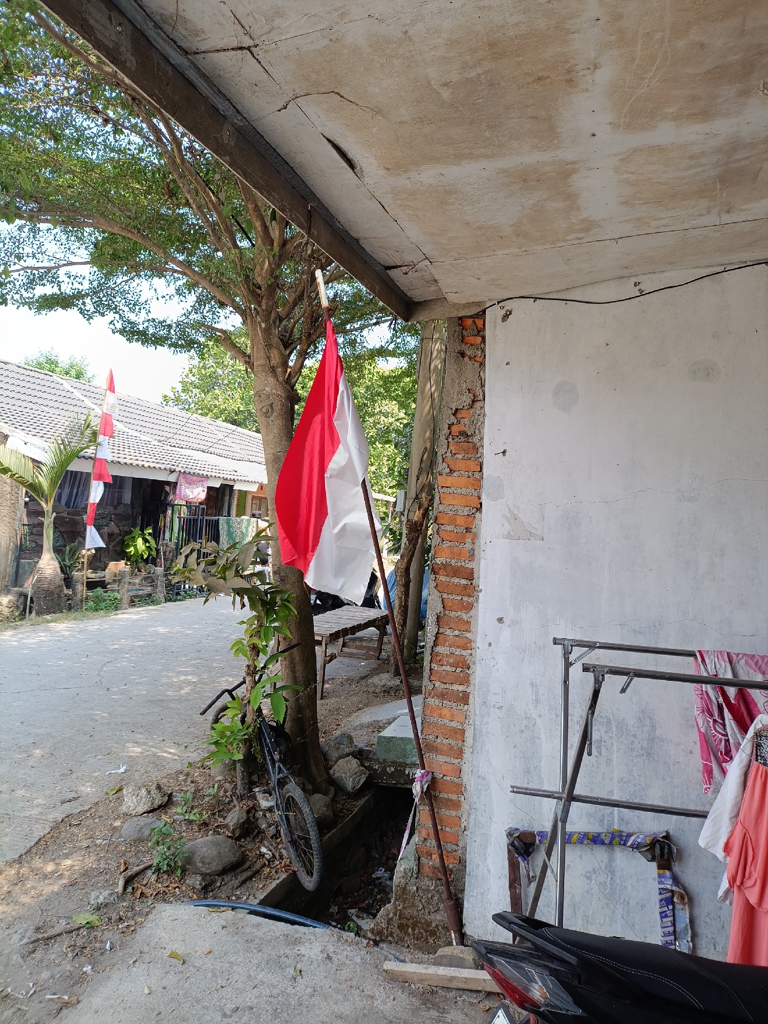 The image depicts a street scene in Cariu, Indonesia, featuring a residential dwelling with a tiled roof. Dominating the foreground is a red and white Indonesian flag, also known as Sang Saka Merah Putih, attached to a pole leaning against a tree. The flag is positioned to the right of a bicycle that is leaning against the same tree.
The dwelling itself appears modest, with visible brickwork on an unfinished section of the exterior wall. A clothesline is set up against this wall, with laundry hanging on it, including items with floral patterns and a pink garment. To the left of the house, another Indonesian flag is displayed vertically, attached to a pole.
The ground is a mixture of concrete and dirt, with scattered rocks and vegetation. A motorcycle is partially visible in the lower right corner of the frame. The overall environment suggests a warm, sunny day in a semi-rural or suburban area. The image captures a sense of everyday life and national pride through the prominent display of the flag.
