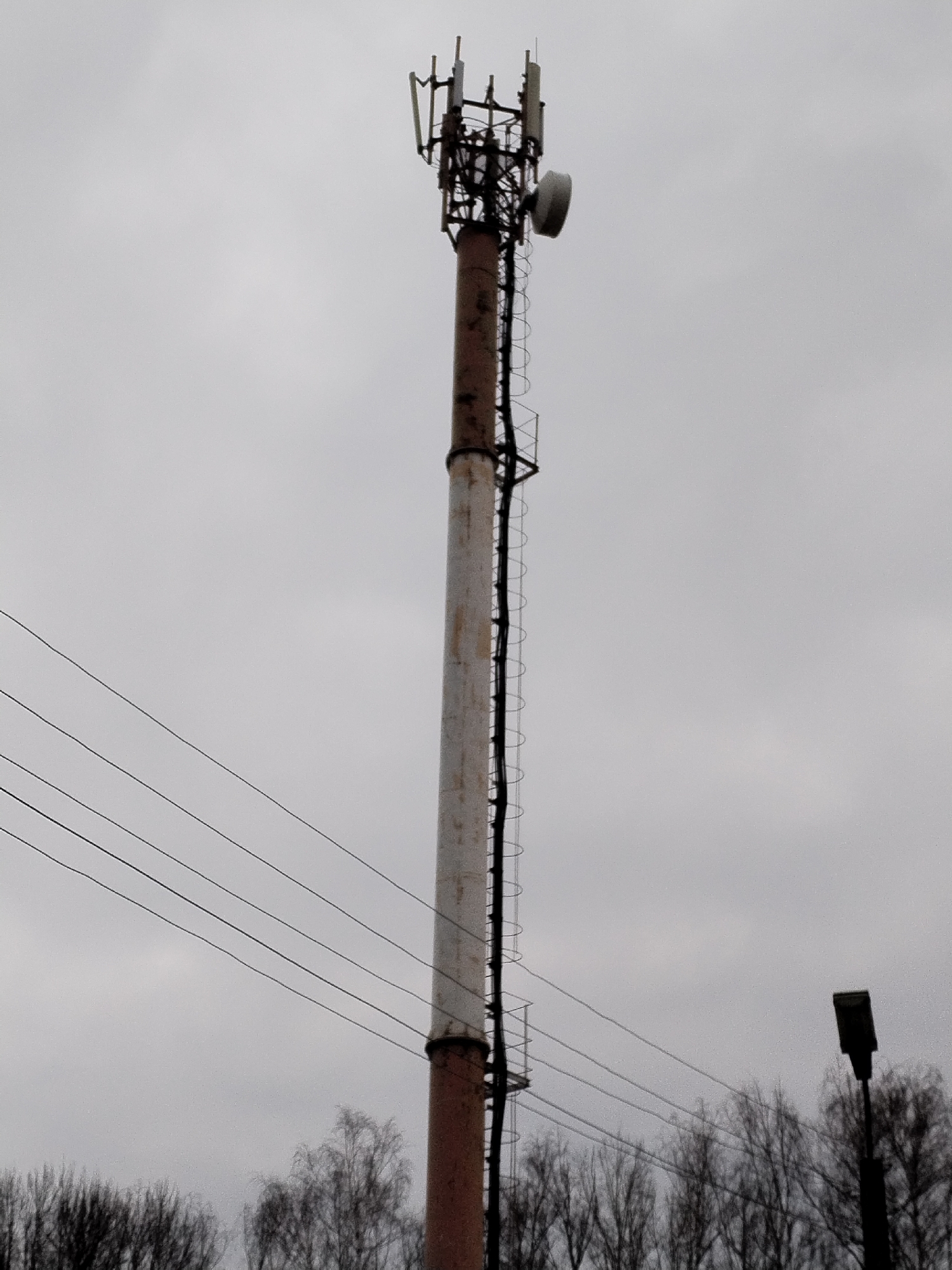 The image depicts a tall telecommunications tower against a grey sky. The tower is cylindrical and partially painted white, with rust-colored sections at the top and bottom. A ladder runs vertically along one side of the tower. The top of the tower is equipped with various antennas, including panel antennas and a microwave dish. Power lines are visible in the foreground, running horizontally across the frame. In the background, there are bare trees and a streetlight pole. The scene suggests an urban or industrial location.