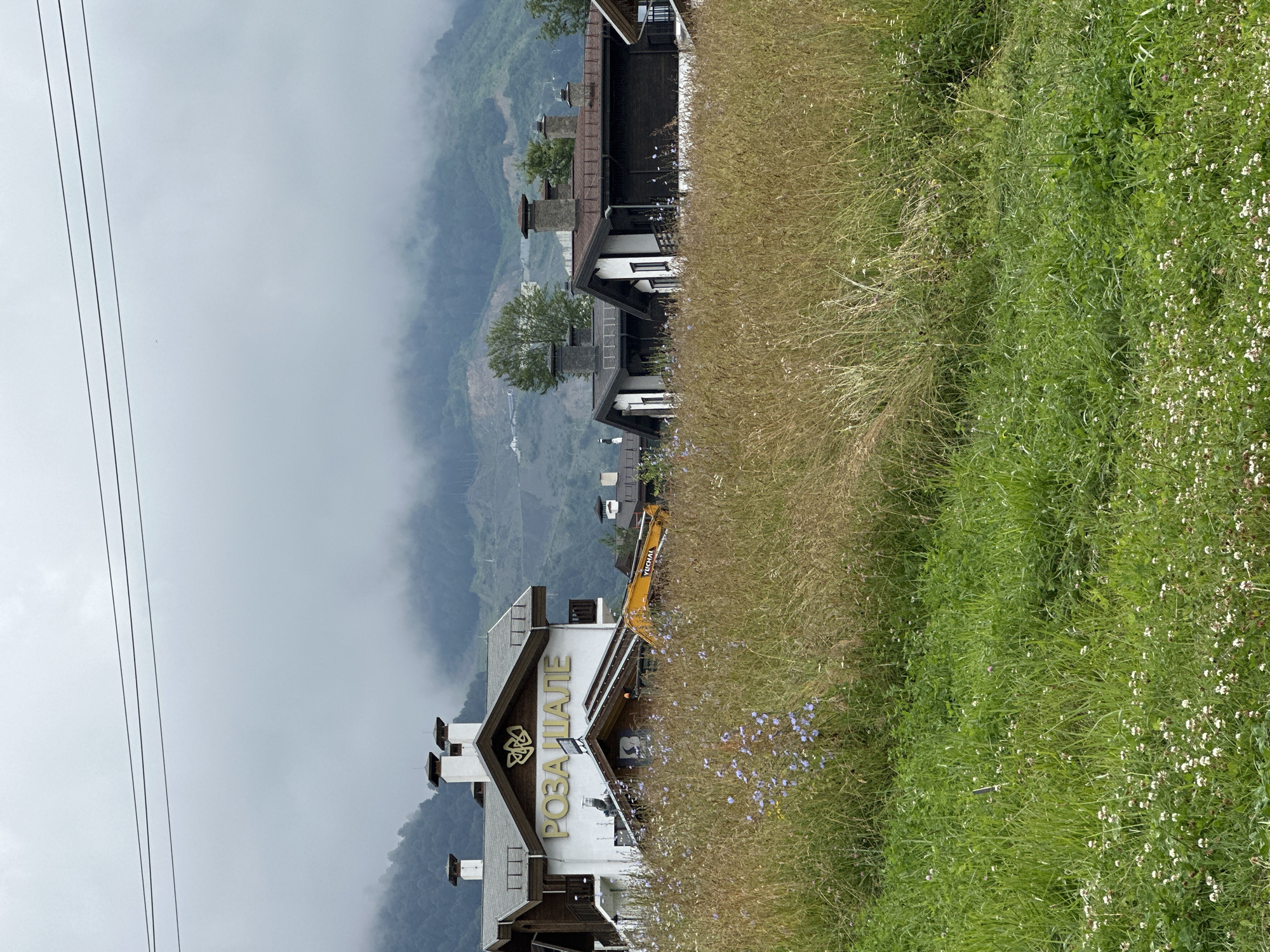 This is a forensic, matter-of-fact description of an image taken in Estosadok, Russia. The image depicts a cloudy day in a mountainous, rural area. In the foreground, there is a field of tall grass with scattered white clover flowers. Behind the field, several modern houses with dark roofs and white or dark siding are visible. These houses feature prominent chimneys. A large yellow excavator is positioned in front of one of the buildings. The building in the center has large, gold-colored text reading "РОЗАШАЛЕ" on its facade. The background shows a dense, green mountain slope partially obscured by fog and clouds. Power lines are visible across the top of the image. There are no people visible in the image.