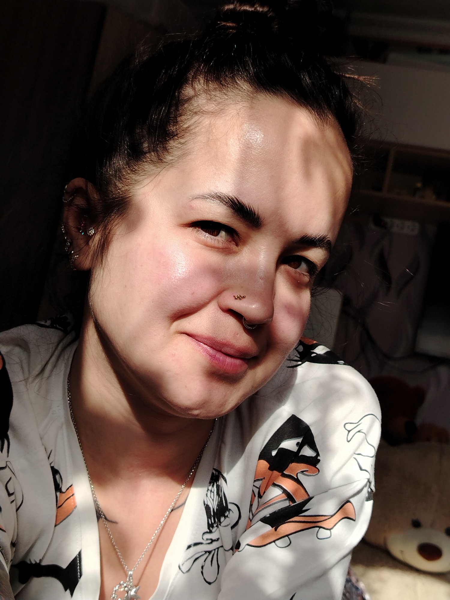 A close-up photograph depicts a fair-skinned woman with dark hair pulled up into a bun, gazing directly at the viewer with a slight smile. The woman has dark eyebrows and brown eyes, and is wearing multiple earrings in her left ear. She also has a nose piercing. Her face is partially illuminated by sunlight, creating a shadow across her forehead.
She is wearing a white shirt patterned with cartoon characters, and a silver necklace.
In the background, there is a dark area on the left and a blurry, lighter area with what appears to be a teddy bear. The location appears to be indoors. There is no indication in the image of it being taken in the city of Гожан, Russia.