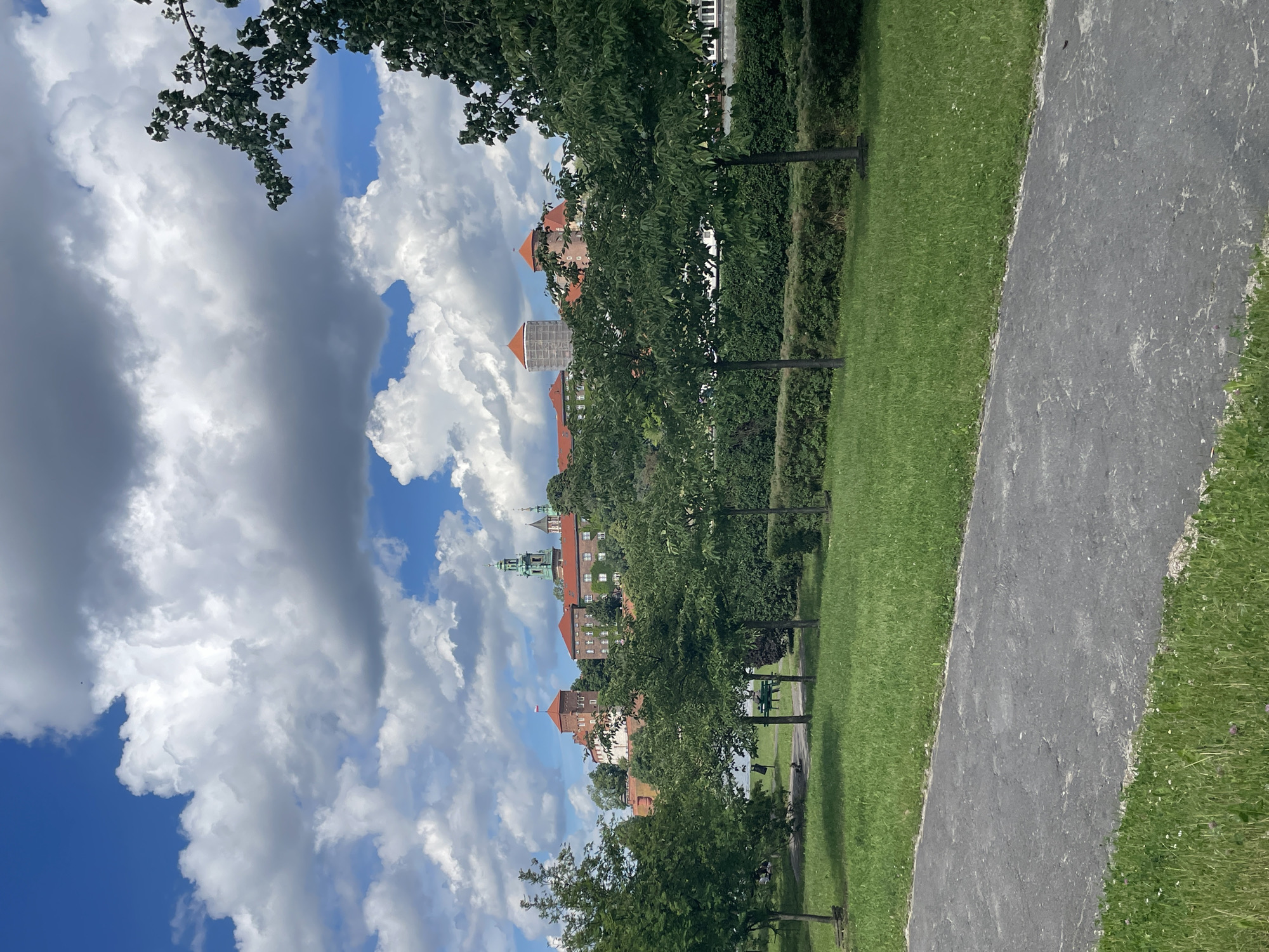 The image shows a wide shot of Wawel Castle in Krakow, Poland, on a cloudy but bright day. In the foreground, a paved pathway runs diagonally across the bottom of the frame, bordered by a well-maintained green lawn. Beyond the lawn, a line of young trees with lush green leaves stands in front of a neatly trimmed hedge. In the middle ground, the historic Wawel Castle complex is visible, with its distinctive red-tiled roofs, towers, and a green-spired belfry. The castle is situated on a hill and is partially obscured by the trees. The sky above is a vibrant blue, filled with dramatic, puffy white and grey clouds, indicating dynamic weather conditions.