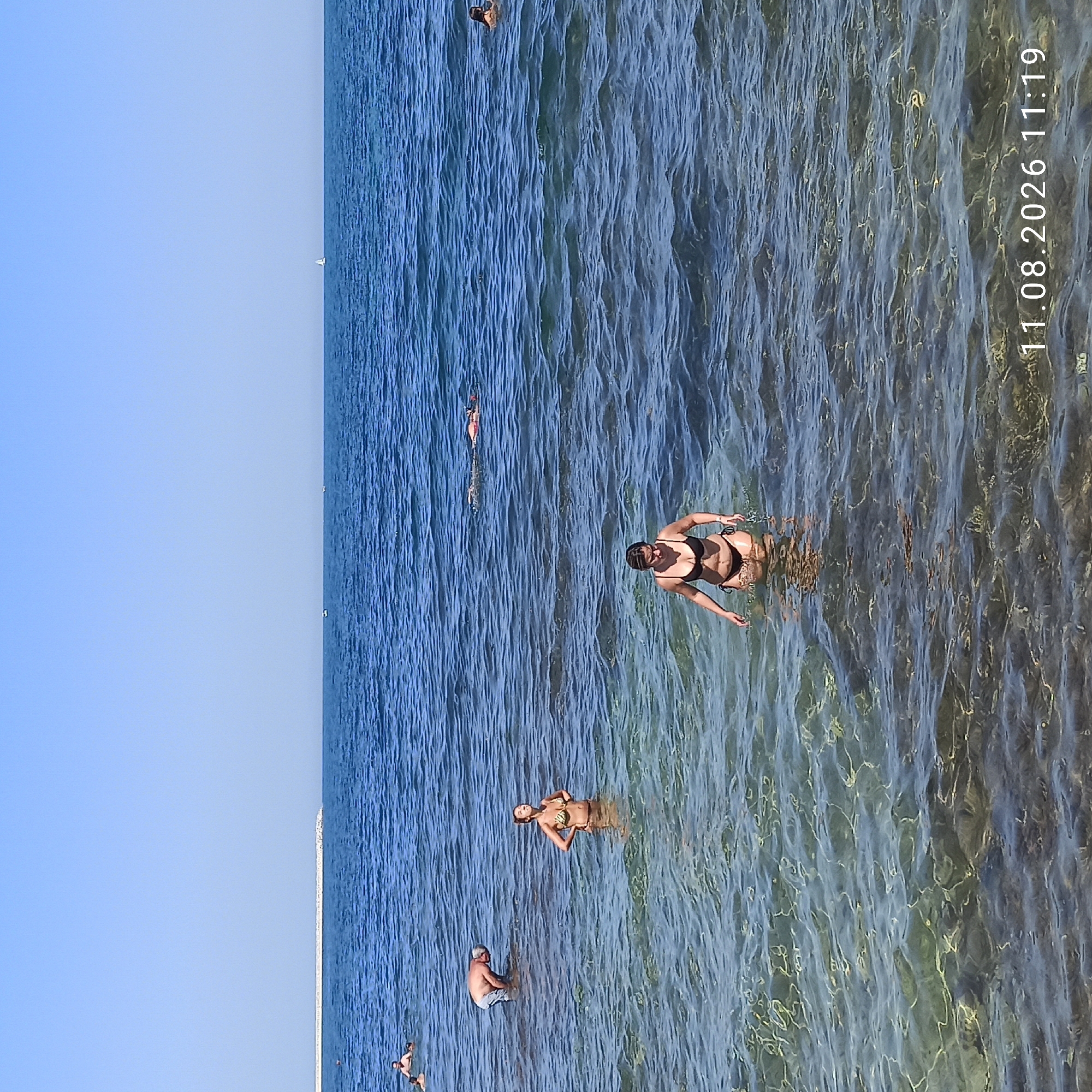 In Molfetta, Italy, a group of people are enjoying the water on a sunny day. The image captures a wide shot of the sea, with several individuals visible in the water. In the foreground, a woman in a black bikini stands facing away from the camera, her body partially submerged in the clear, shallow water. Her hands are on her hips, and she is looking upwards. To her left, slightly further out, another woman in a patterned bikini stands with her hands on her hips and her head tilted back. Further in the background, to the left, a man in light-colored shorts is bent over, appearing to look at something in the water. Other people are scattered in the sea, some swimming and others wading. The sea is a deep blue, with gentle ripples reflecting the sunlight. In the distance, a breakwater extends into the sea, and a small sailboat can be seen on the horizon under a clear blue sky. The date and time "11.08.2026 11:19" are superimposed on the bottom right of the image. The overall scene suggests a leisurely day at the beach.