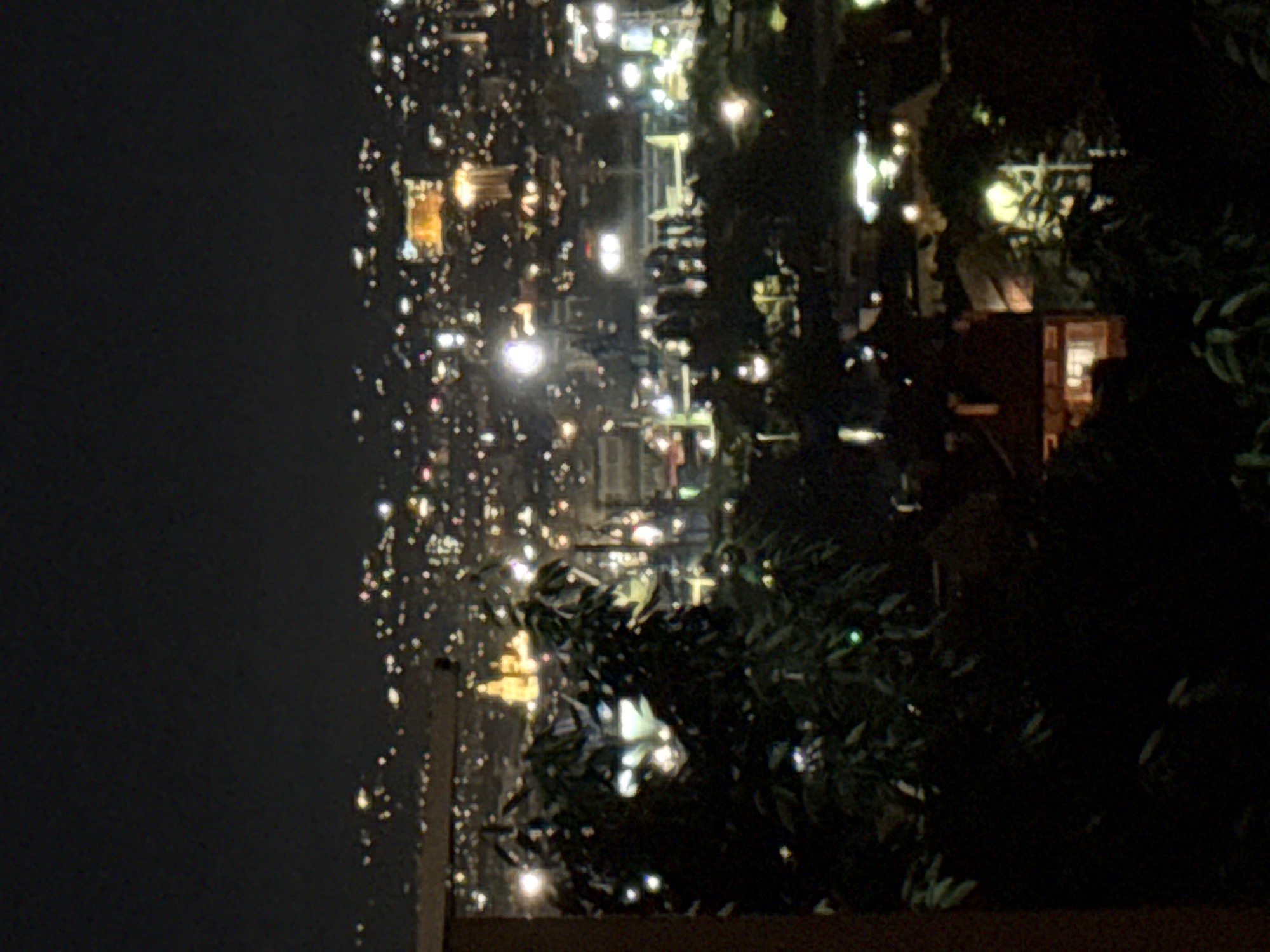 This media file captures a nighttime cityscape, viewed from a high vantage point, possibly a balcony or rooftop. The scene is dominated by the twinkling lights of a sprawling city below, suggesting an urban environment. The lights are a mix of white and golden hues, creating a bokeh effect where they appear as soft, scattered points of illumination.
In the foreground and right side of the frame, dense foliage from trees or bushes obscures parts of the view. These plants are dark and silhouetted against the brighter city lights, with some leaves catching the light and appearing brighter. The overall impression is one of looking out over a city at night, with a natural element in the immediate foreground.
The orientation of the image is such that the cityscape appears to be stretching upwards from the bottom to the top of the frame. This perspective, combined with the darkness of the sky and the abundance of artificial lights, clearly indicates that the photograph was taken after sunset. There is no visible text in the image. The mood is somewhat serene and contemplative, offering a glimpse of urban life at rest under the night sky. No people or specific objects are discernible within the cityscape due to the distance and resolution.