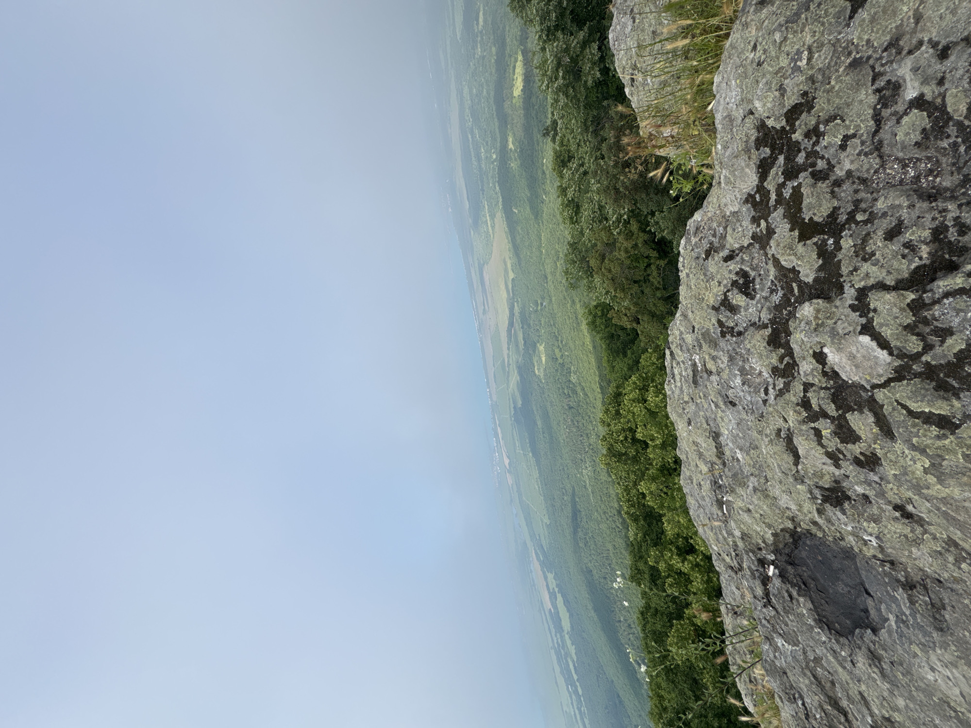 The image presents a panoramic landscape viewed from a high vantage point, likely a cliff or elevated terrain near Sozopol, Bulgaria. In the foreground, occupying the right side, is a large, rugged grey rock heavily textured with patches of dark green and black moss or lichen, suggesting a natural, weathered surface. Sparse, dry grasses and small plants grow around the rock, hinting at a cliff edge.
Beyond the rock, the midground and background unfold into a vast, verdant expanse of rolling hills covered predominantly by dense green forests. Interspersed within the forested landscape are lighter green areas, possibly cultivated fields or clearings, stretching far into the distance. The horizon is visible as a soft line where the distant land meets the sky.
The left portion of the image is dominated by a clear, pale blue sky, which becomes progressively hazier towards the horizon, giving a soft, atmospheric perspective to the distant landscape. The lighting indicates it is daytime, possibly late morning or early afternoon, with no harsh shadows. There are no people, objects of human construction (other than very distant hints of infrastructure in the haze), or visible text. The scene conveys a sense of natural tranquility and immense scale.
