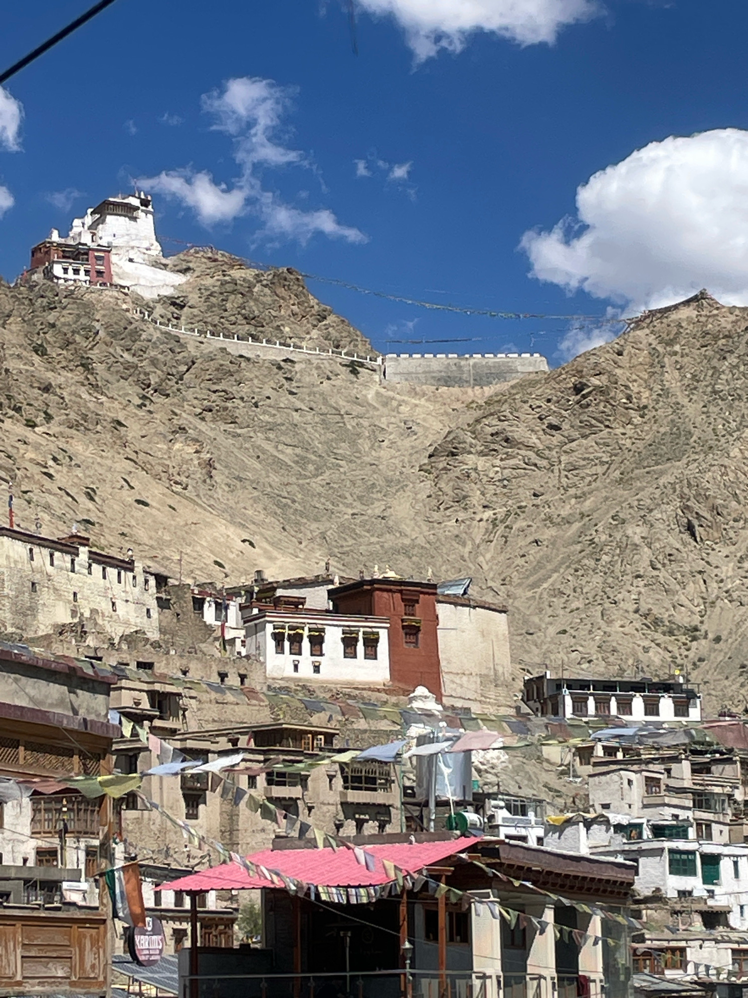 The image captures a sprawling monastery complex perched precariously on a rugged, rocky hillside overlooking a town. The main structure, a stark white building with red accents, dominates the upper portion of the frame, its architecture suggestive of a fortress or palace. A series of prayer flags, a common sight in Himalayan Buddhist regions, are strung across the landscape, adding vibrant color to the otherwise muted tones of the mountains and buildings.
Below the monastery, a dense collection of traditional Tibetan-style buildings cascades down the slope. These structures, characterized by their whitewashed walls, flat roofs, and dark-framed windows, create a dense urban fabric. Prayer flags are again visible, fluttering between buildings and adding a festive atmosphere. The environment is dry and mountainous, with sparse vegetation suggesting a high-altitude, arid climate. The sky is a clear, bright blue, dotted with a few fluffy white clouds. The scene is likely the Leh Palace in Leh, India, a historic royal palace and monastery complex situated in the Himalayas.