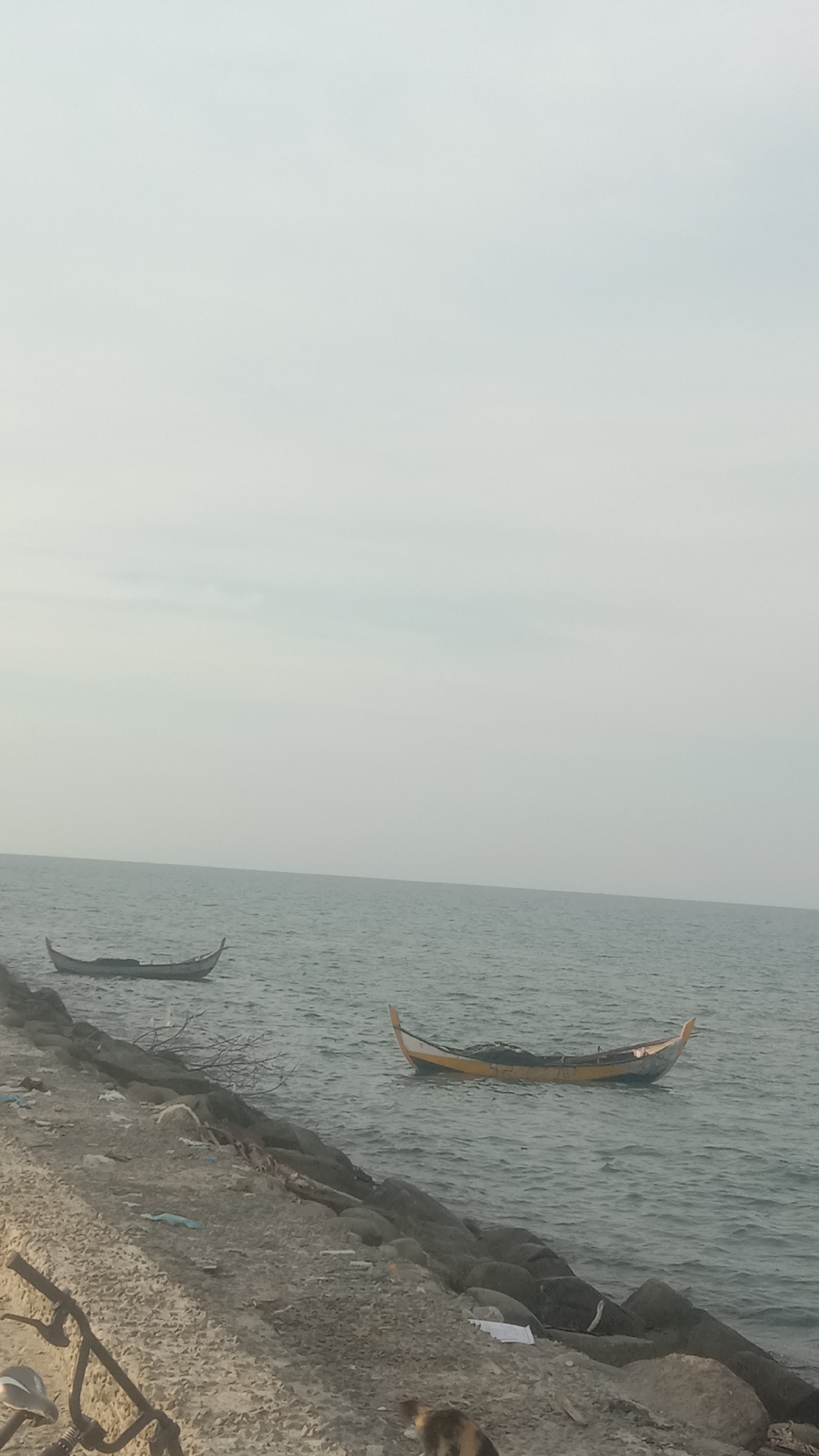An outdoor, eye-level shot captures a tranquil coastal scene under an overcast sky, likely in Lhokseumawe, Indonesia. The image is dominated by the calm, grey-green sea and a uniformly light grey, cloud-filled sky, which occupies the upper half of the frame. The horizon line is clearly visible, dividing the water from the sky.
Two traditional-style fishing boats are seen floating on the water near the shore. One boat, positioned in the mid-ground towards the right, is distinctive with its yellow upper hull and dark lower hull, featuring characteristically raised and pointed bow and stern. The interior of this boat appears to hold some dark material, possibly nets or collected items. A second, darker grey or black boat of similar traditional design is situated further back and to the left, appearing smaller due to perspective.
The foreground features a rocky and gravelly shore that slopes gently towards the water. Scattered amongst the rocks and on the ground are various pieces of debris, including plastic bags and paper, indicating a less pristine environment. On the far bottom left, the handlebars and part of the frame and seat of a bicycle are visible, suggesting it's parked nearby. In the bottom right corner, a small, four-legged animal, possibly a cat or a dog with brown and black fur, is partially visible.
The overall lighting is soft and diffused due to the heavy cloud cover, creating a serene and somewhat muted atmosphere. No people are visible, and there is no discernable text anywhere in the image. The scene suggests a quiet moment at a local fishing area.