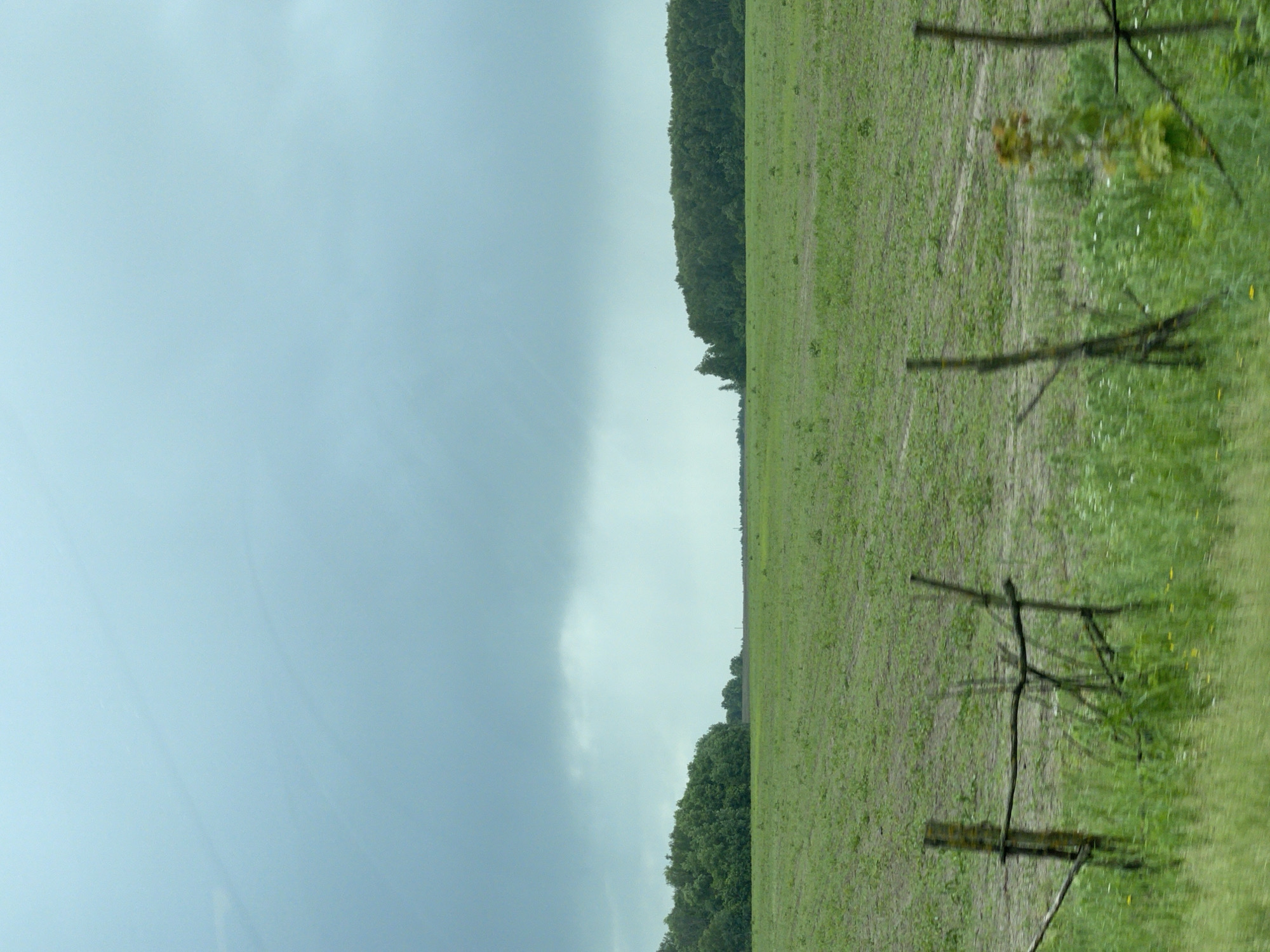 The image shows a landscape scene, likely in a rural area, with a field on the right and a cloudy sky on the left. A line of trees separates the field from the sky. There's a wooden fence structure in the foreground of the field. The image's orientation is unusual, appearing as if it has been rotated. Location is presumed to be near Кокино, Russia. No people, other subjects, specific objects, actions, or interactions are visible.