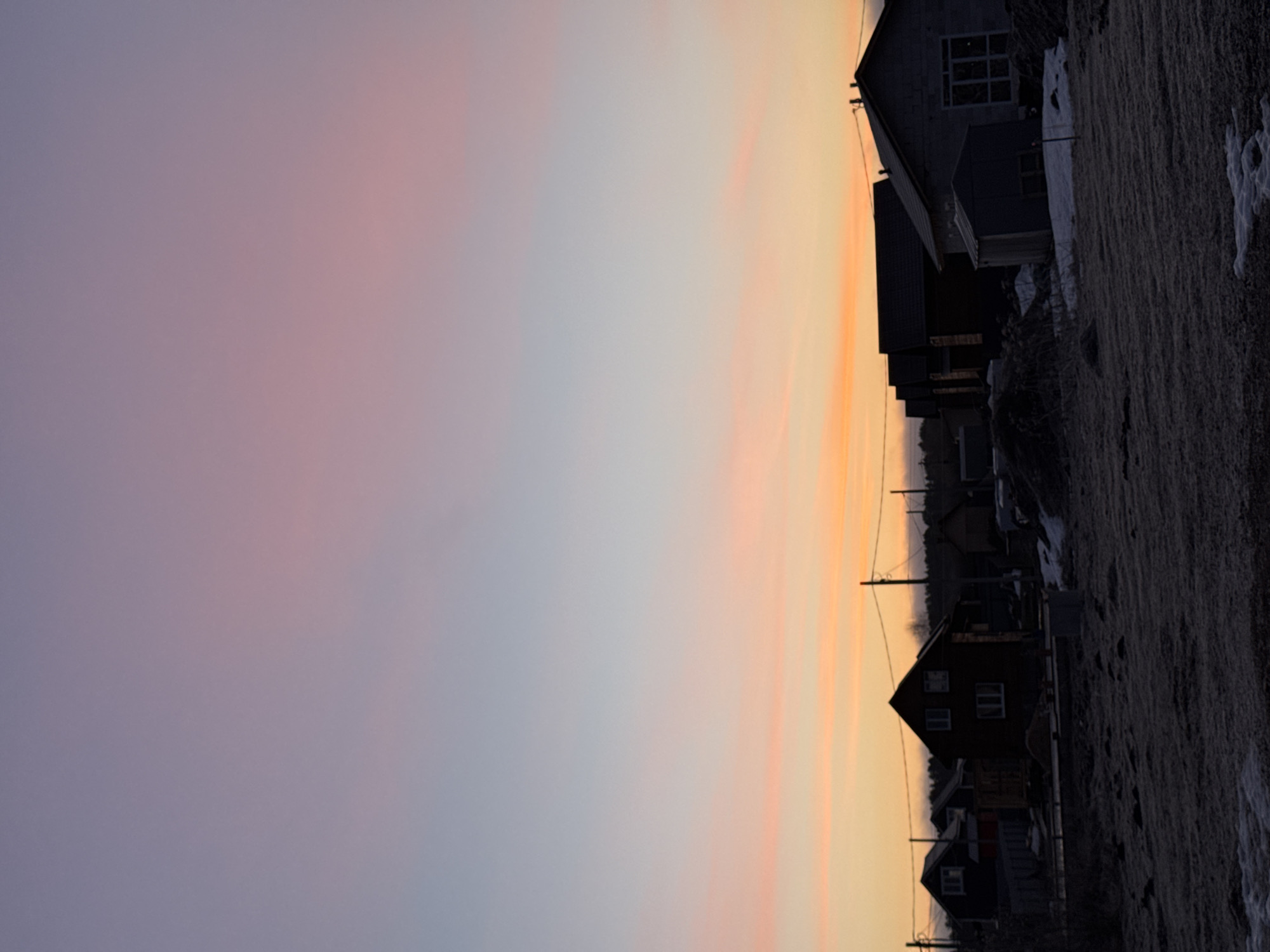 The image shows a row of dark-colored houses in Nestiukovo, Russia, lining a wintery landscape covered with frosted vegetation and patches of snow. Power lines run parallel to the houses. The sky is a gradient of colors ranging from pink and lavender to orange at the horizon.
