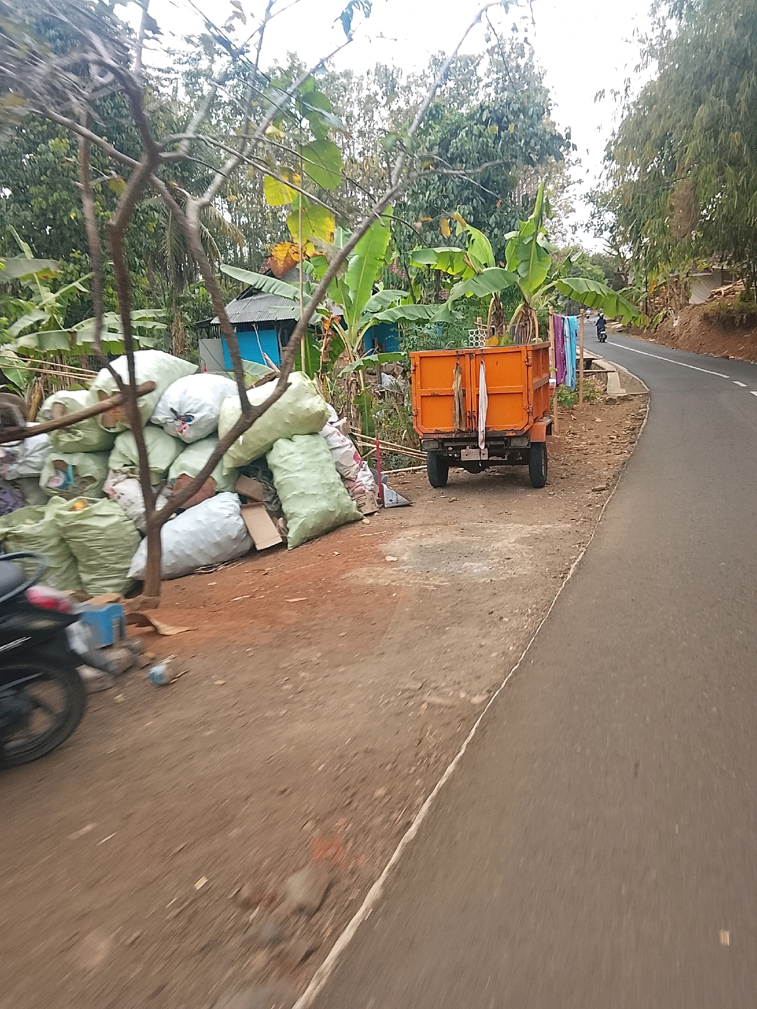 The image depicts a roadside scene in Banjar, Indonesia, characterized by a dirt shoulder bordering a paved road. A large pile of large, light green sacks, likely containing agricultural produce or waste, dominates the left side of the frame. To the right of the sacks, an orange, two-wheeled trailer with a metal bed is parked on the dirt shoulder. Behind the trailer, a clothesline strung with several colorful garments (purple, light blue, and dark blue) is visible, with laundry hanging to dry. A small, blue-roofed structure with white walls is partially obscured by vegetation behind the pile of sacks. The road itself appears to be a two-lane asphalt road, curving slightly to the right as it recedes into the distance. Trees and dense foliage line both sides of the road, creating a somewhat rural or semi-urban atmosphere. A motorcycle is visible on the road in the distance, heading away from the viewer. The ground is predominantly dirt, with some sparse vegetation and scattered debris. The lighting suggests an overcast day or early morning/late afternoon.