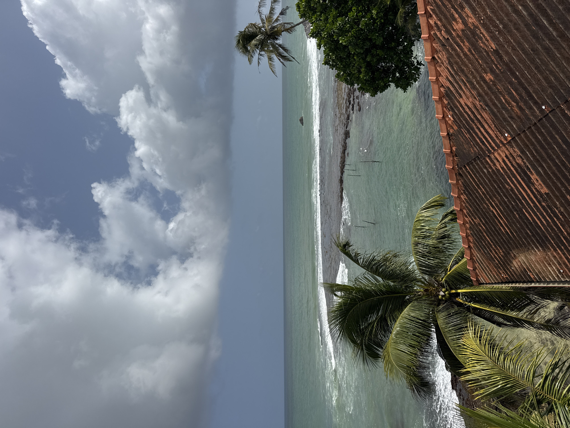 The image is a high-angle shot looking out over a coastal scene in Goviyapana, Sri Lanka. In the foreground, a weathered, corrugated red tile roof dominates the lower portion of the frame. Beyond the roof, lush green foliage and the fronds of a coconut palm tree with visible coconuts extend into the scene. The ocean stretches out to the horizon, exhibiting a turquoise hue and gentle waves breaking against a rocky shoreline. Several thin wooden poles are partially submerged in the shallow water near the shore. In the distance, a lone rock juts out from the sea, and a single palm tree stands on the right side of the frame. The sky above is a mix of bright blue and dramatic, dark gray clouds, suggesting changing weather conditions.