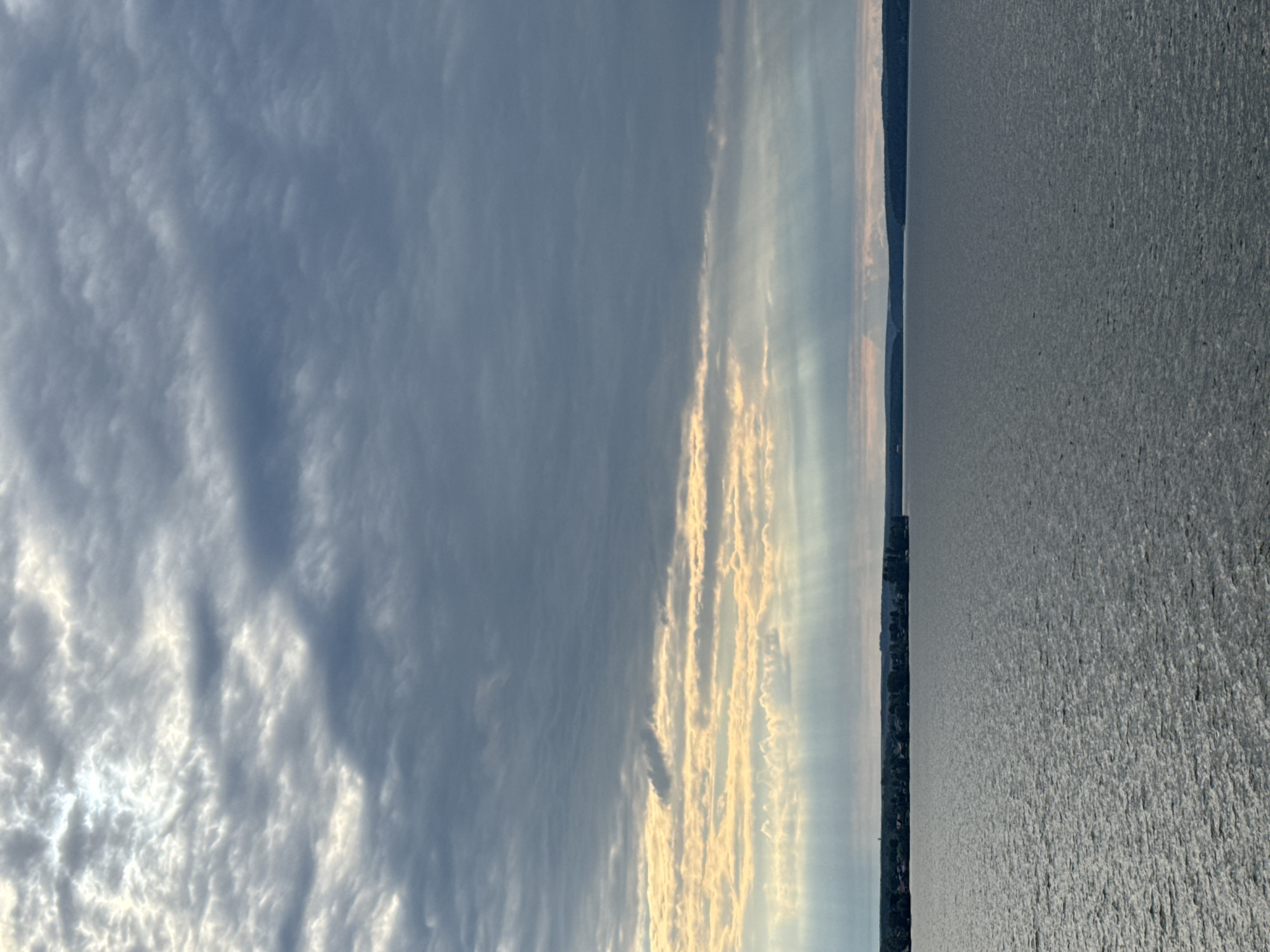 The image displays a panoramic view of a calm body of water, likely a lake or river, with a shoreline on the left and a vast expanse of water on the right. The sky is a prominent feature, filled with dramatic clouds. On the left side of the sky, the clouds are a deep gray and appear somewhat turbulent, suggesting possible impending rain or a recent storm. Towards the center and right of the sky, shafts of sunlight pierce through thinner, golden-tinged clouds, creating a striking visual effect. This transition in cloud cover and light indicates a dynamic sky, possibly during sunrise or sunset.
Along the shoreline, a dark, forested landmass is visible, hinting at a natural landscape. A thin line of buildings or structures can be discerned nestled along the edge of the land, suggesting a small settlement or town. The water itself is a reflective surface, with ripples and textures indicating a gentle breeze. The overall mood is serene, with a touch of drama from the sky's contrasting elements. The image is oriented vertically, with the sky occupying the left half and the water the right half, with the shoreline acting as a dividing line. The time of day is likely early morning or late evening due to the quality of light and the colors in the sky.