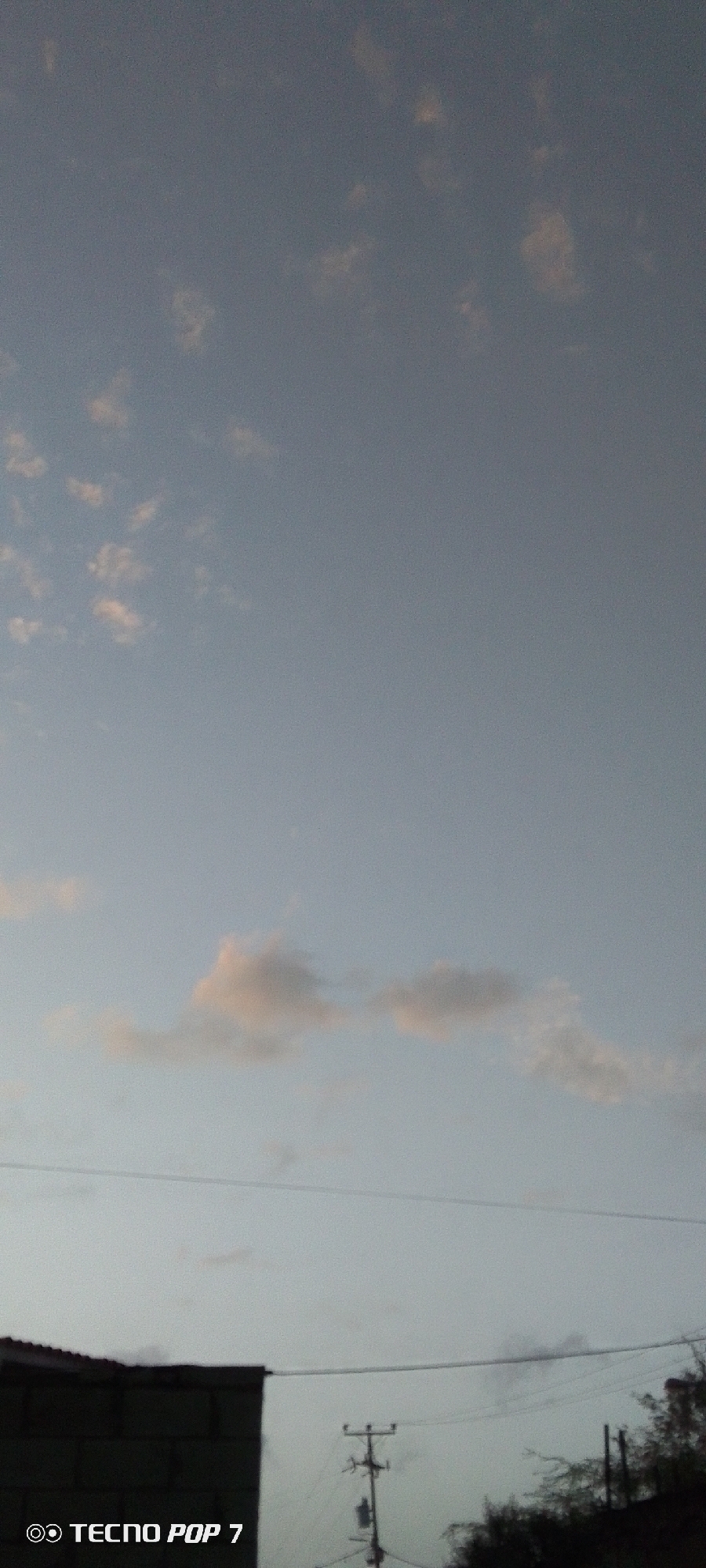 This media file presents an outdoor landscape scene, likely captured during either dawn or dusk in Altagracia, Venezuela. The dominant subject is the sky, which fills most of the frame with a soft, light blue-grey hue. Scattered across the sky are wispy, altocumulus-like clouds, tinged with subtle hints of orange and pink, suggesting the low angle of the sun.
In the lower left portion of the image, the dark silhouette of a building's roofline and a section of its wall, appearing to be constructed from concrete blocks, is visible. Extending from the mid-bottom to the lower right, a utility pole with multiple power lines spans across the frame. To the far right, a cluster of dark, silhouetted trees or bushes adds to the ground elements.
There are no people or explicit activities depicted in the image, conveying a sense of quietude and stillness. The soft lighting and cloud coloration strongly indicate either sunrise or sunset. The weather appears fair with light cloud cover. A visible watermark in the bottom left corner reads "TECNO POP 7".