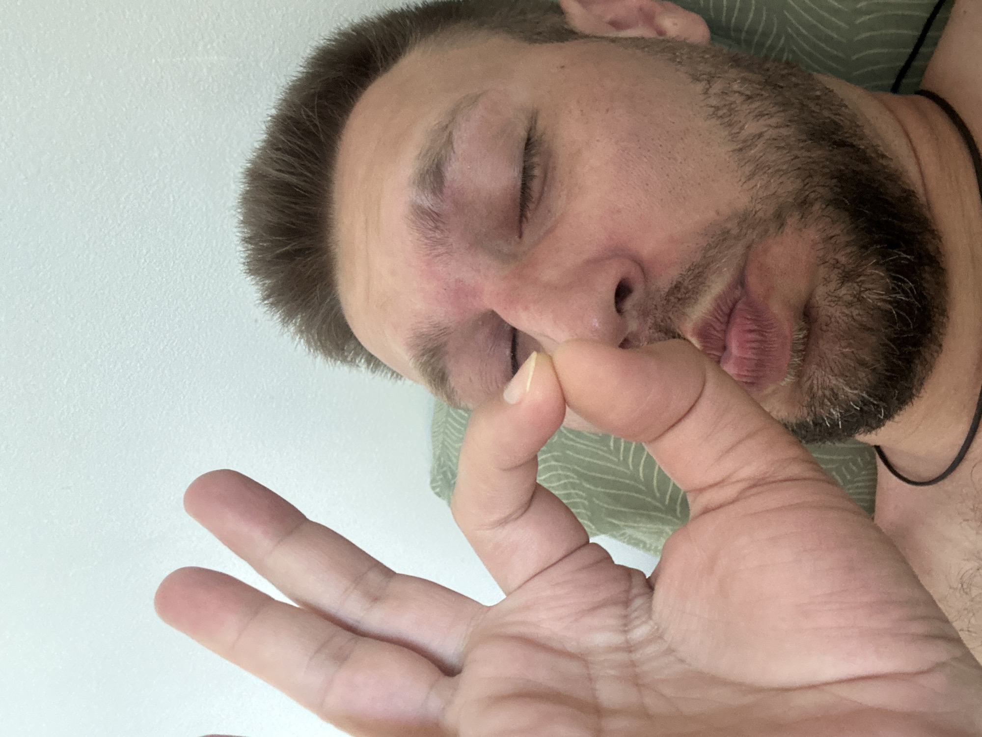 In this close-up, selfie-style image, a man with short brown hair and a beard is shown with his eyes closed, puckering his lips. His right hand is held up to his face, with his thumb and index finger forming a circle near his nose. The man is wearing a black necklace. He appears to be lying down, resting his head on a pillow with a green, leafy pattern. The background is a plain, lightly textured wall. The image is taken from a slightly low angle, looking up at the man. No specific location in Zvezdara Urban Municipality, Serbia can be determined from the visual information provided.