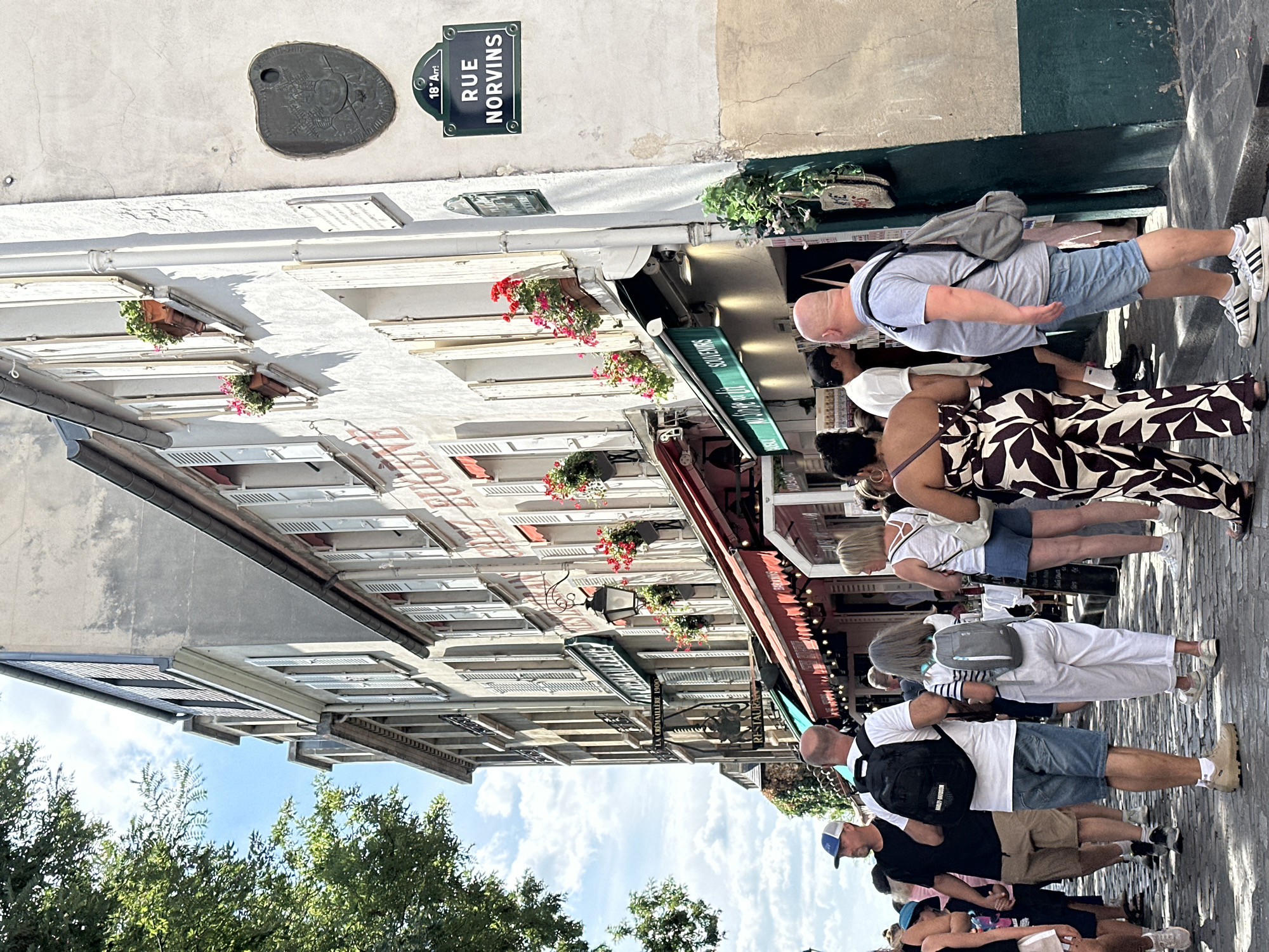 The image depicts a street scene in Montmartre, Paris, France, likely Rue Norvins, given the street sign visible. The perspective is from eye-level, looking uphill along a cobblestone street lined with buildings. On the right is a building with a weathered facade, featuring shutters and window boxes with red flowers. A street sign reading "18° Arr! RUE NORVINS" is affixed to the wall, along with a circular emblem. Below this, a green awning with the word "SOUVENIRS" is visible, indicating a shop. Further up the street, more buildings with similar architecture can be seen, including the signage for "LA CREMAILLERE 1900".
A diverse group of people are walking in both directions along the street, some with backpacks and others in casual summer attire. A man in a black t-shirt and a blue baseball cap is walking towards the viewer on the left. Next to him, a man wearing a white t-shirt and a black backpack is walking away. A woman in white pants and a striped top with a grey backpack is also walking away from the camera, and behind her, another woman in a white top and blue shorts. On the far right, a man in a grey t-shirt and denim shorts, carrying a grey backpack, is walking away from the viewer. A woman in a patterned jumpsuit is walking towards the viewer. The overall atmosphere appears to be a sunny, bustling tourist area.